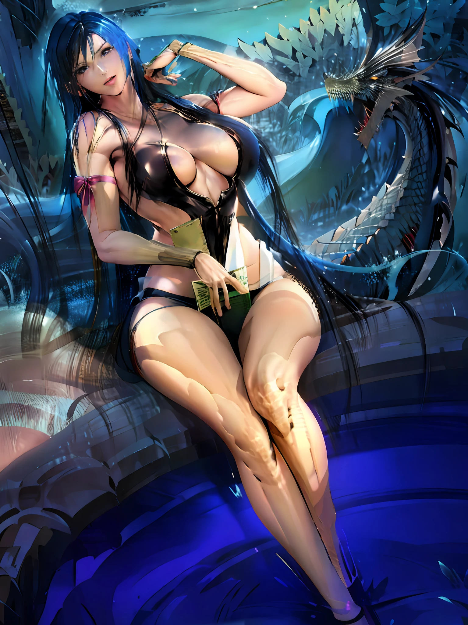 a girl nude with very long blue hair is sitting next to a blue sea dragon, reading a book, naked, big breasts, beautiful , blue eyes, fanciful, with a small dragon wrapped around her body, pearl dragon asia, god snake, sea, books everywhere, background with asian dragon, body tifa, face tifa