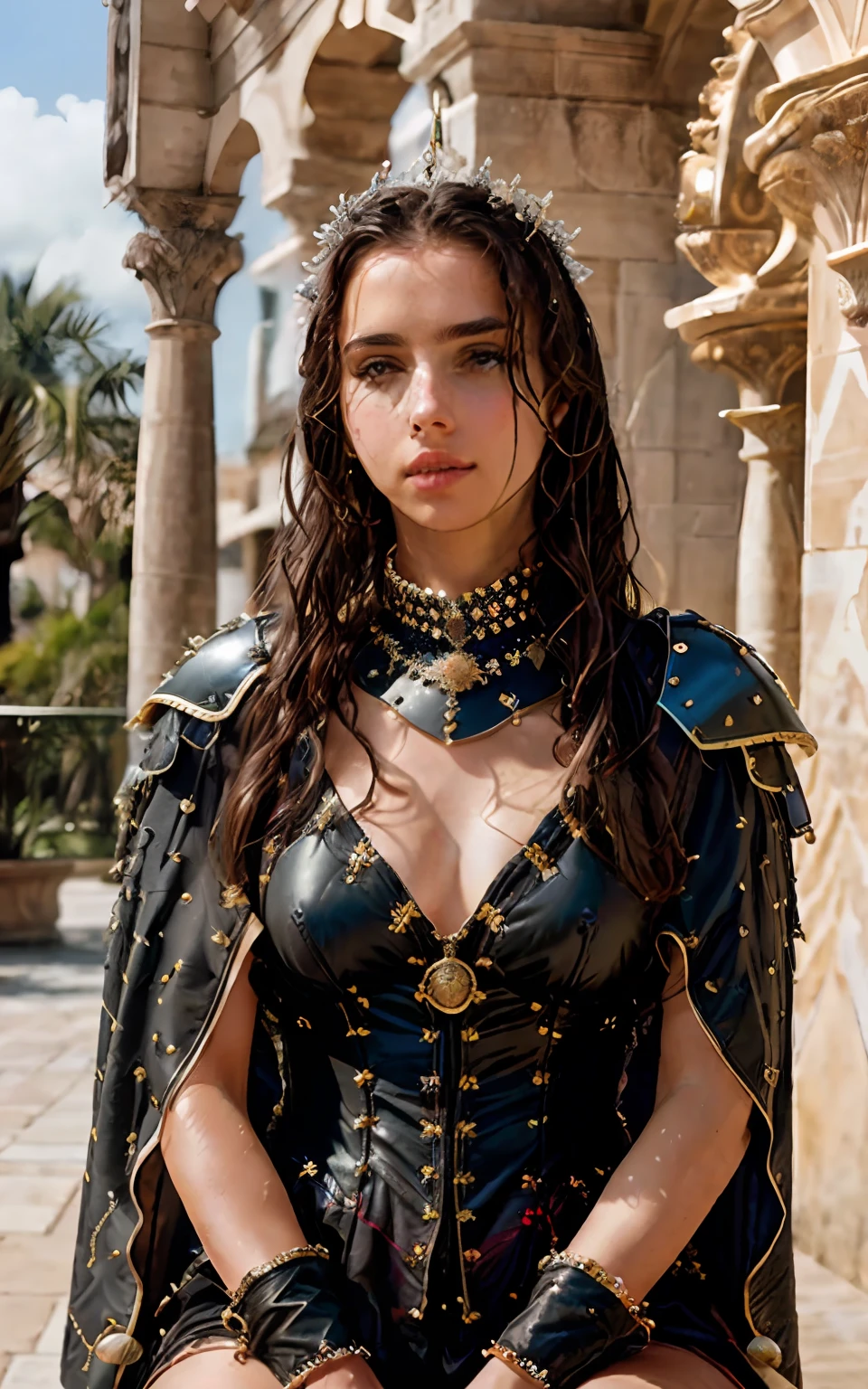 Highly detailed, realistic photography (ana de armas) (Sitting on a throne, decorated with precious stones), em ((Armor, a dark long cloak over the armor)), (curly hair is slightly disheveled), full-body-shot, The right hand is raised palm up, Palace interior in the background, an intricate, Bright soft diffused light, Detailed leather, Detailed hair, realistic skin texture, texture, A detailed eye, professional, 4k, shot on Canon, 85 mm, Shallow depth of field, postprocessed, max detail, roughness, real life, ultra realisic, photo realism, a photo of a, glamour, pores, naturalness,