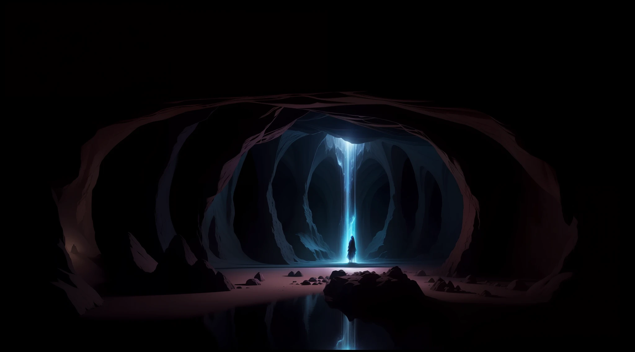 Uma caverna celestial, completamente escuro e polida, replete e pilhas de tesouros (dark volumetric illumination, magical fantasy, Beautiful rendering, arte conceitual, qualidade aumentada).
