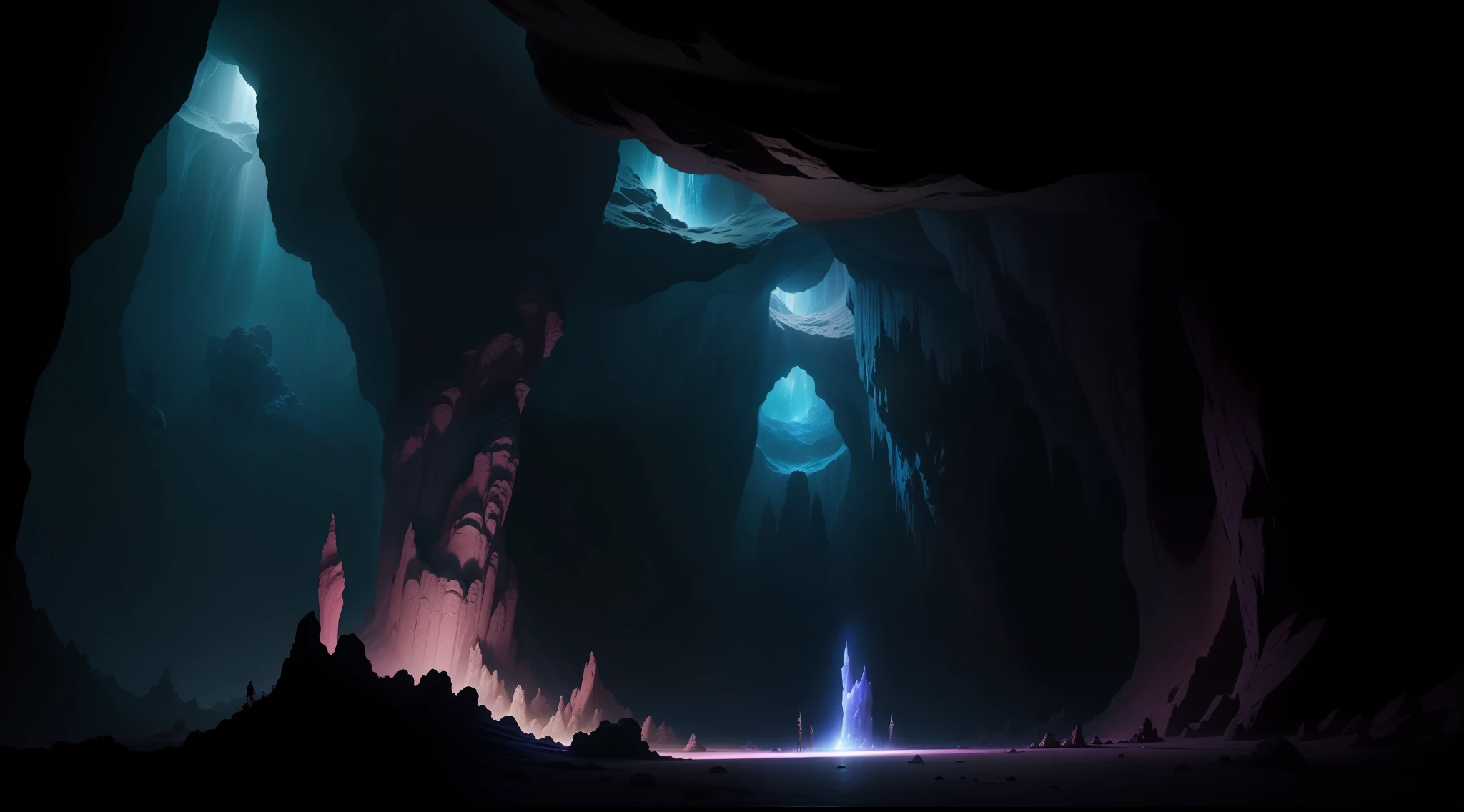 Uma caverna celestial, completamente escuro e polida, replete e pilhas de tesouros (dark volumetric illumination, magical fantasy, Beautiful rendering, arte conceitual, qualidade aumentada).