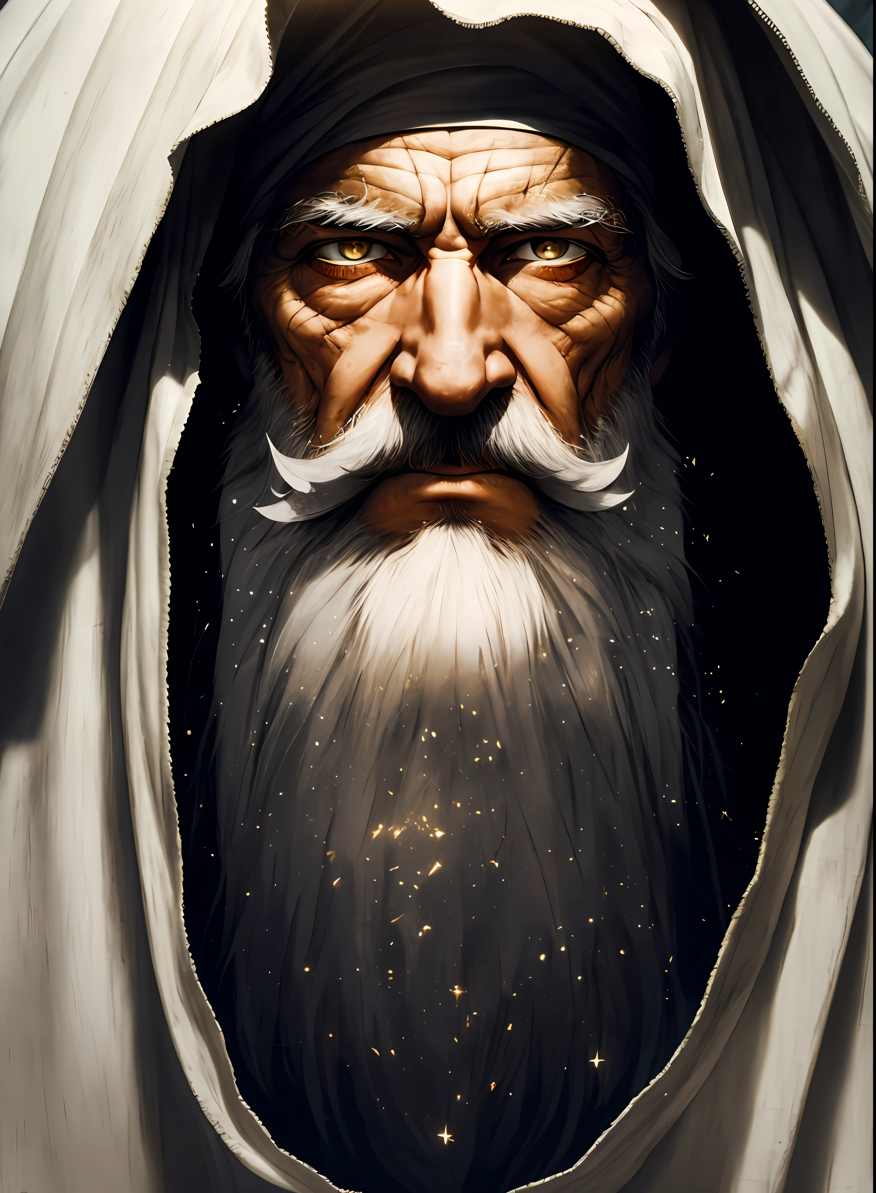 An epic close up portrait of elderly intense sinister eyes, and nose with long white beard, framed with a faded ancient tattered white linen hood, reflecting gold sparks in the irises of the eyes, white eyebrows, at night, dramatic lighting, high contrast, highest definition, hyperrealism, hyperrealistic, photorealistic, high resolution, hdr photography, 8k