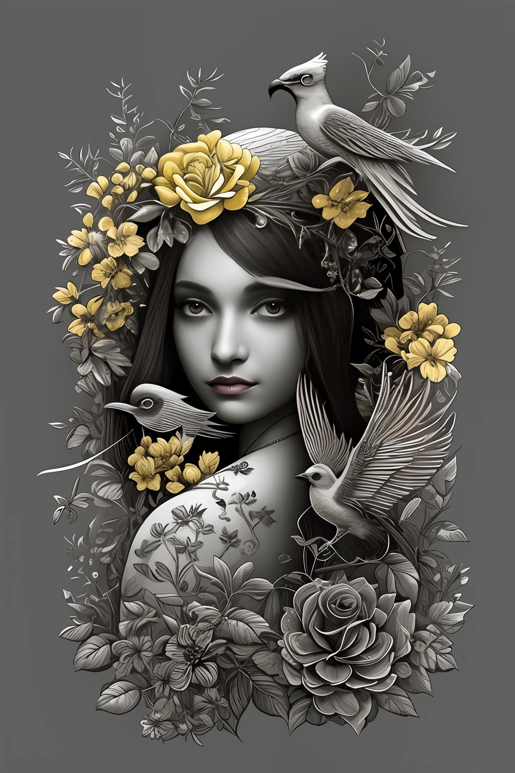 a woman with a flower hat and a rose tattoo design, arte vetorial em amarelo, Goddess Venus. detalhes extremamente altos, art deco flower shaman, full art illustration, a beautiful artwork illustration, White and yellow sketch colors, fundo preto, Goddess Venus, no estilo da arte da fantasia sombria, inspirado em Joe Fenton