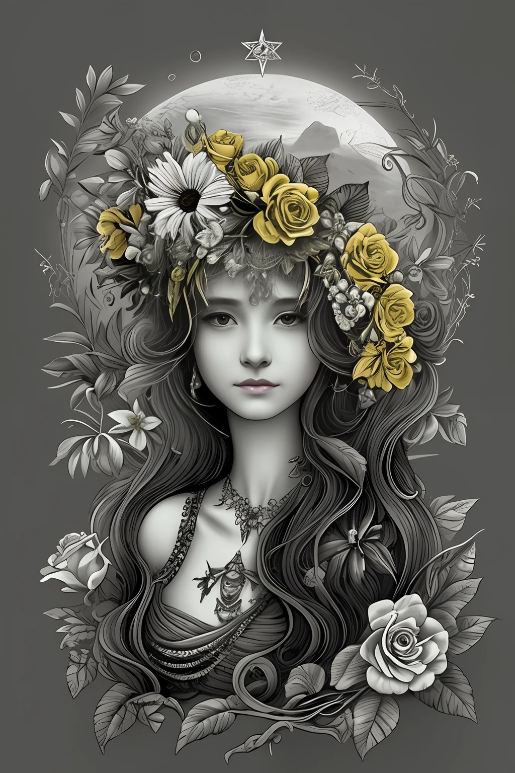 a woman with a flower hat and a rose tattoo design, arte vetorial em amarelo, Goddess Venus. detalhes extremamente altos, art deco flower shaman, full art illustration, a beautiful artwork illustration, White and yellow sketch colors, fundo preto, Goddess Venus, no estilo da arte da fantasia sombria, inspirado em Joe Fenton