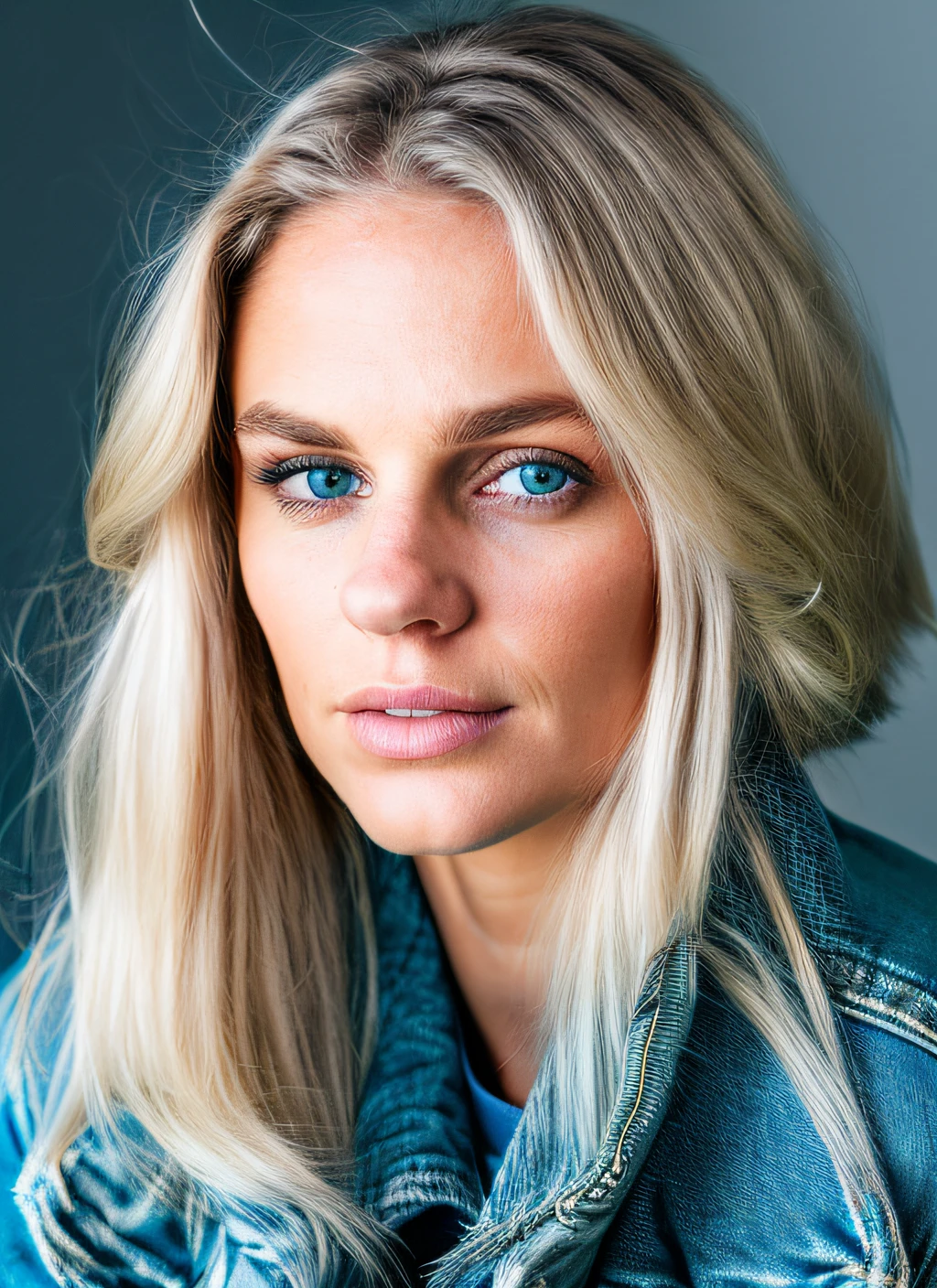 Portrait of skswoman, hopeful, wearing jeans jacket, soft light blue eyes, with blond hair, background dungeon epic (photo, studio lighting, looking at the camera, centered, dslr, Sony a7, 50 mm, matte skin, detailed glossy eyes, high detailed skin, pores, colors, hyperdetailed, hyperrealistic, high resolution scan, fine details)