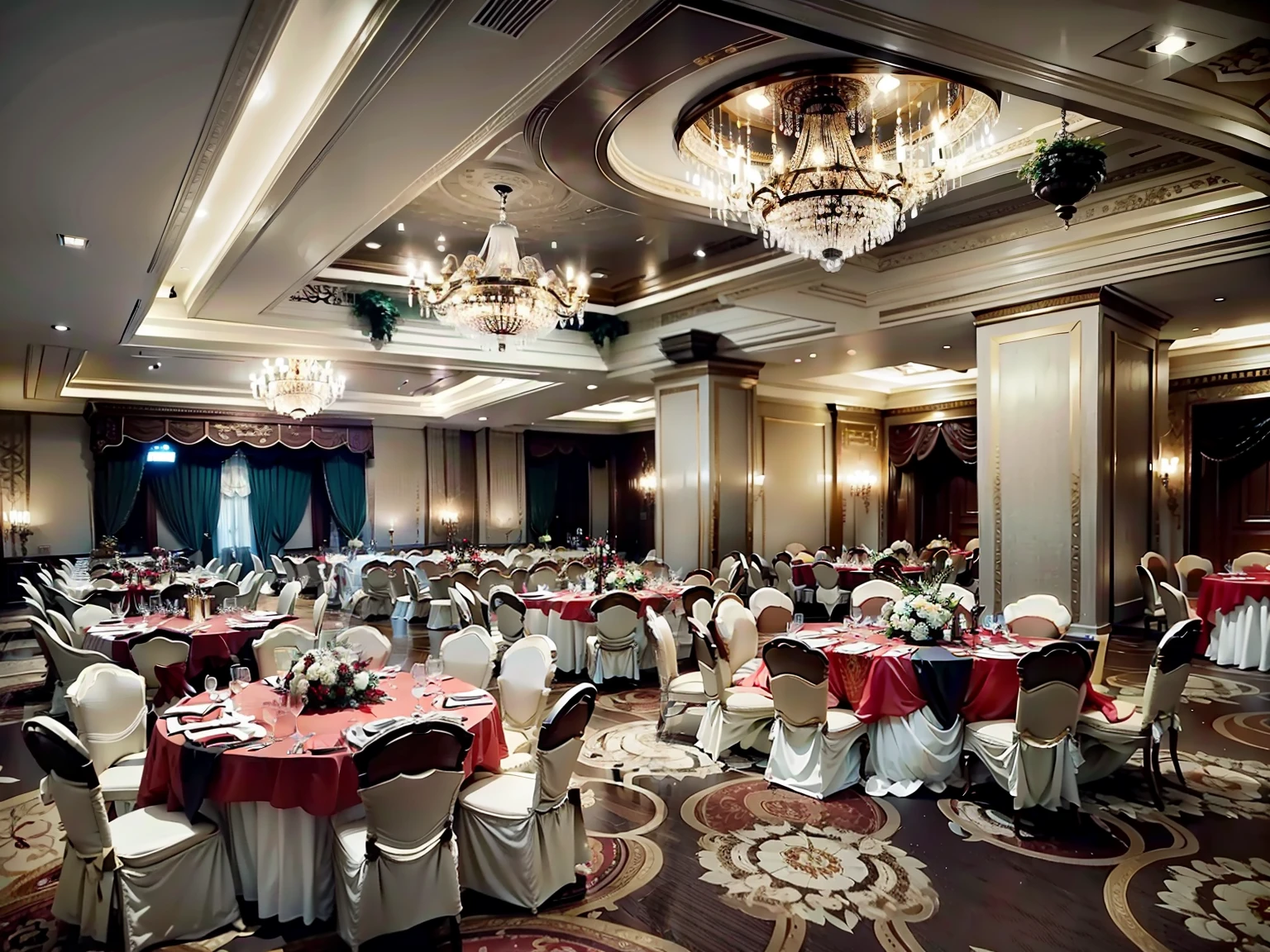 The table and chairs are located in a large room with a chandelier, ballroom background, ball room, big hall, inside a grand, enchanted surroundings, luxurious environment, interior setting, big hall, Grand, VIP Lounges, upscale restaurant, Gorgeous restaurant, changquan, in a large hall, full - view, full room view, Elegant atmosphere, shui mo hua,Tableware is placed on the table for Western-style wedding banquets,