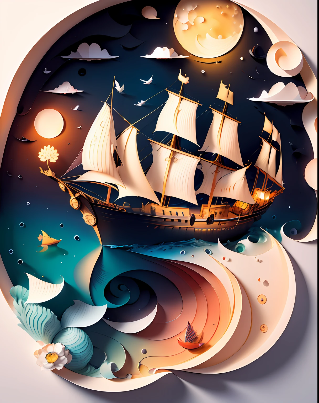 Softlight,(warm color:1.2),Water color painting,light background,best quality exquisite details,3d rendering,Octane render,pastel, Moon, boat, sea, storm,(paper_cut:1.15),