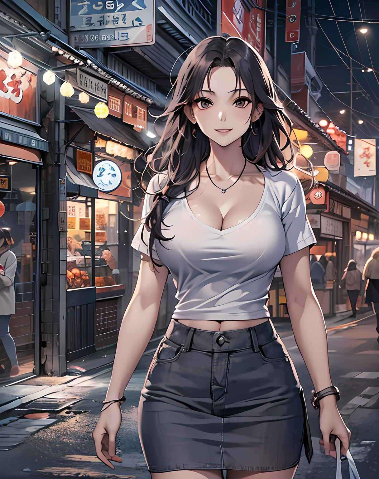 (8k, best quality, masterpiece:1,2), (realistic, photo-realistic:1,37), top quality, masterpiece, a beautiful woman, wearing a shirt for women crop v neck top white t-shirt korean fashion women t with a tight open gray color jacket, beautiful and toned body, cleavage, floral mini skirt, walking in the suburbs, slightly drizzling night background, in shops with Korean-style shop lights, night atmosphere, asphalt, seductive smiles with dimples, anime style,