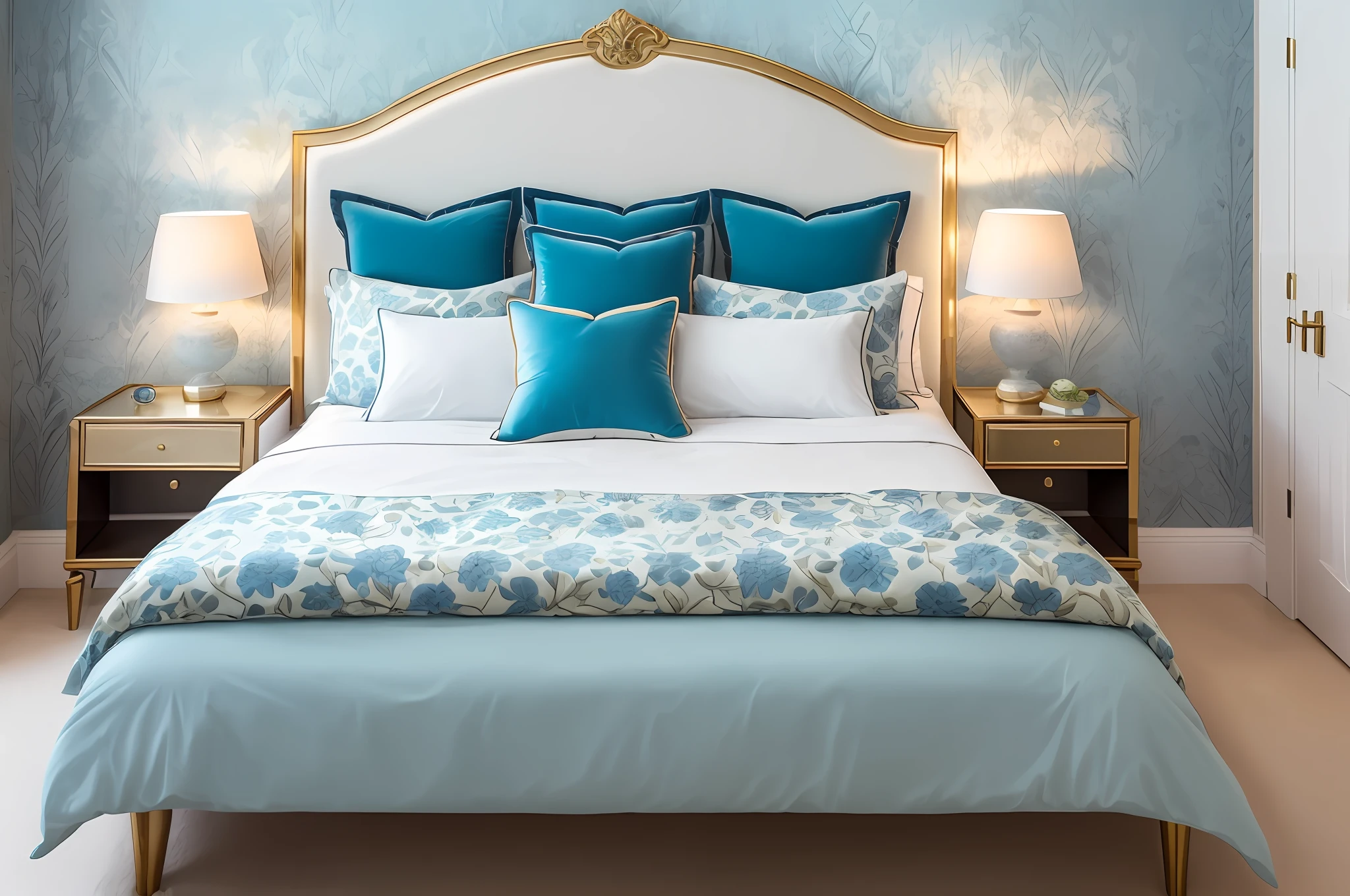 a beautiful double bedroom, beautifully decorated in shades of blue, white and gold, with a very beautiful double bed, very beautiful luxury bedroom decor. --auto --s2