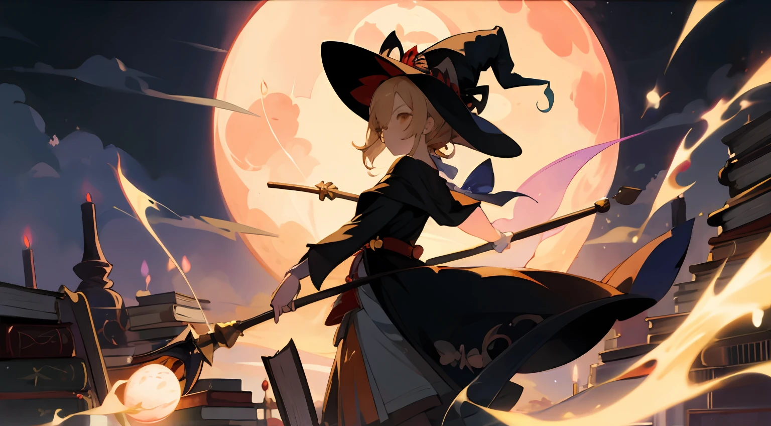 1girl, illustration, Yoimiya, big witch hat, magic broom, night time, magical, full moon, cartoon ghosts, candle, magic wand, potions, books