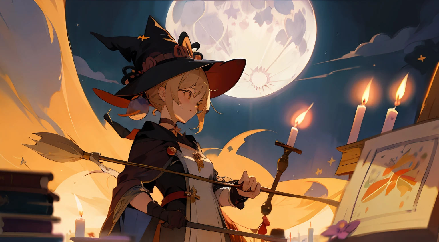 1girl, illustration, Yoimiya, big witch hat, magic broom, night time, magical, full moon, cartoon ghosts, candle, magic wand, potions, books