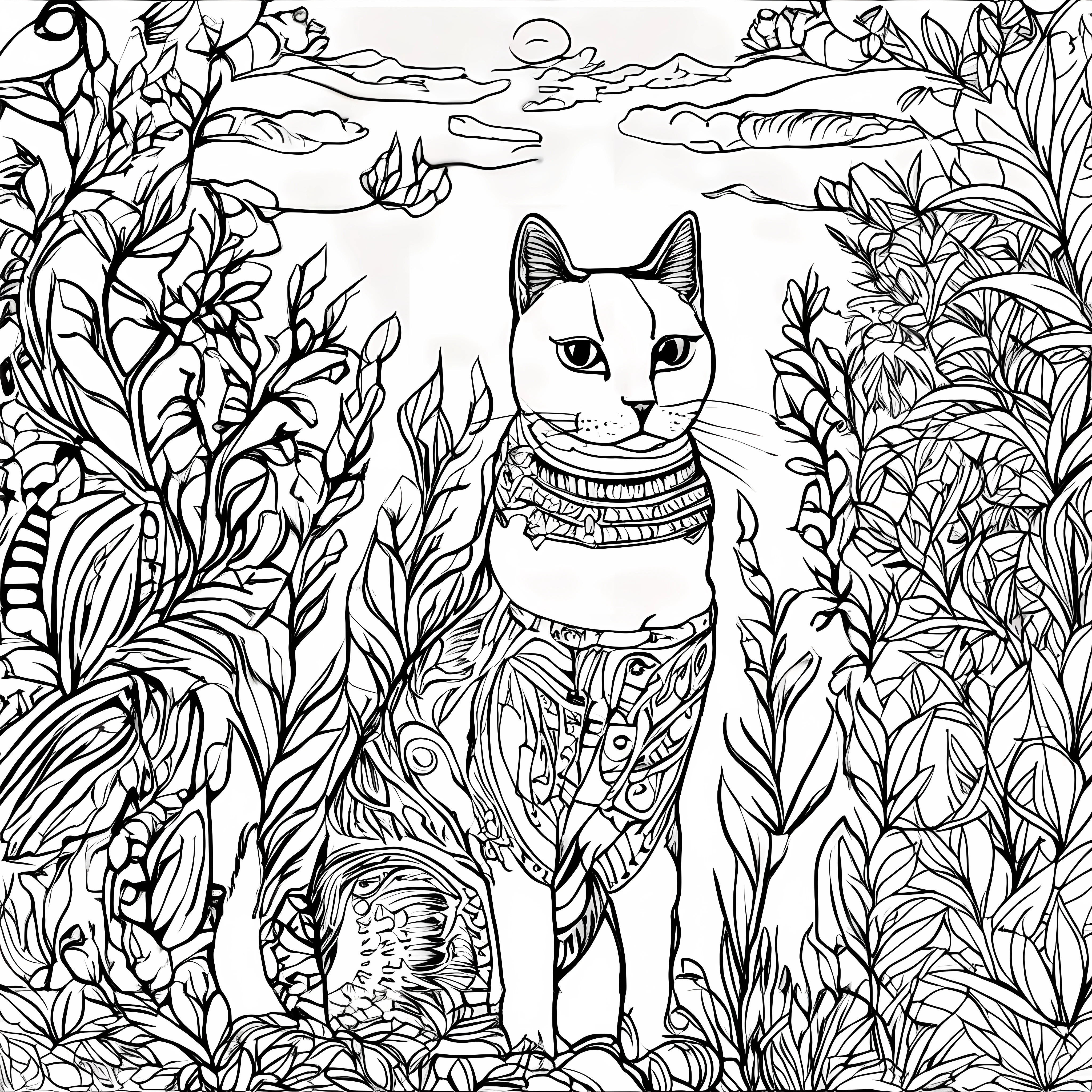 Coloring pages of cats and birds in a garden with plants, gato detalhado, line art colouring page, coloring book page, Gato na floresta, coloring book outline, entre folhagens, linha estilizada, tinta extremamente fina lineart, inspirado em Miao Fu, Gatos e plantas, spontaneous linework, Linework altamente detalhado, clean coloring book page, full-page illustration
