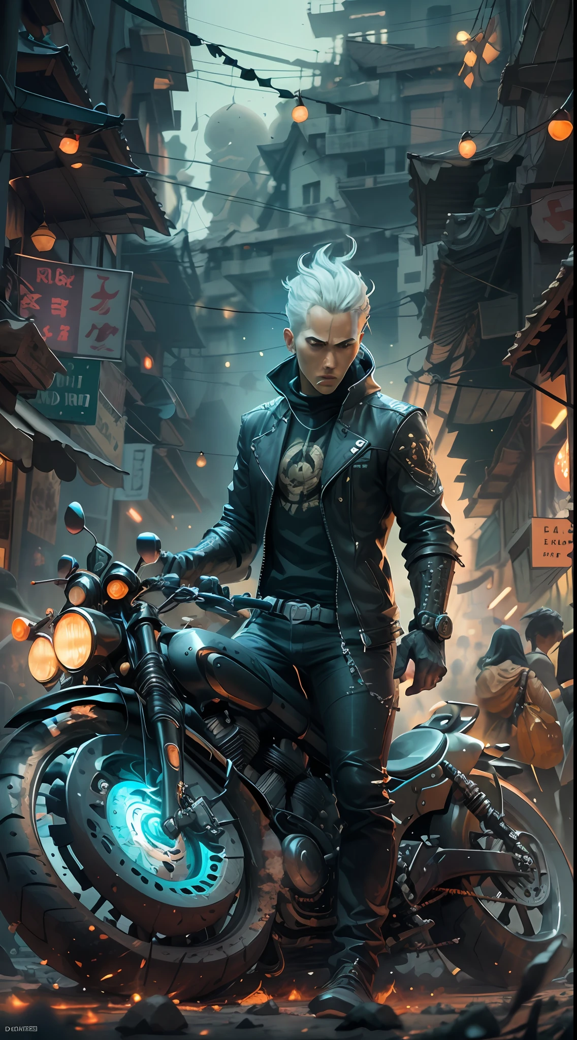the(MIDJOURNY-v5 style) "GHOST RIDER" with his bike, he standing in the "myanmar yangon street market", ancient "hell king" style, "GHOST RIDER" full body is shining with "blue thunder-bolt electric flame", midjourny-v5.0 "MYANMAR YANGON STREET MARKET" style, dress are full of hell armor with aqua 4D arabesque desing, ("MARVEL UNIVERSE") design, DUO tone color, "MYANMAR YANGON" CITY "DOWNTOWN" background, ghotic, 4d illustrated ( HELL bike) design, post of "MYANMAR" world, futuristic city, "FUTURE" building and street style, shiny great colors,prosperous buildings, breathtaking architectural designs, luxurious constructions, highly massive detailed, perfect position, stunning progressive architecture, flawless world, subsurface scattering, flawless buildings, beyond imagination, 8K, global illumination, god rays, "MYANMAR YANGON CITY world in the style of Studio Ghibli, future city scape style, ("BO GYOKE MARKET" )is cinematic colors, trading on artstation, strong and majestic 32k, 4D Illustrator digital painting, volumateric lighting, character style, futurepunk aesthetic, "maximum focused on the character", 8k resolution, 32k rendering, using Cinema 4D, trending anime artwork, very strong demonpunk( GHOST RIDER ) design, digital epic artwork, shot with SONY(A7RV)FE 80mm F/5.8,viktor antonov concept art, dressed as a ((HELL KING)), official character art, technomancer, character artwork, stunning character art, ultra realistic, 32k, ,luxurious cinematic colour quality, unique and mesmerizing building look, tranding on artstation,(magnificent 4d arabesque art), ostentatious detailed future YANGON city. 32K,4D,64-bit,pixar c4d, (extremely detailed CG unity 8k ), (masterpiece), (best quality:1.2), (highres), (illustration:1.1), (cinematic light:1.1), finely detailed, intricate details, (best illustration), 8k resolution, intricate details, best quality, realistic, ultra-detailed, best illumination, best shadow, ultra-HD, cryengine, ultra hd, (detailed reflection),
