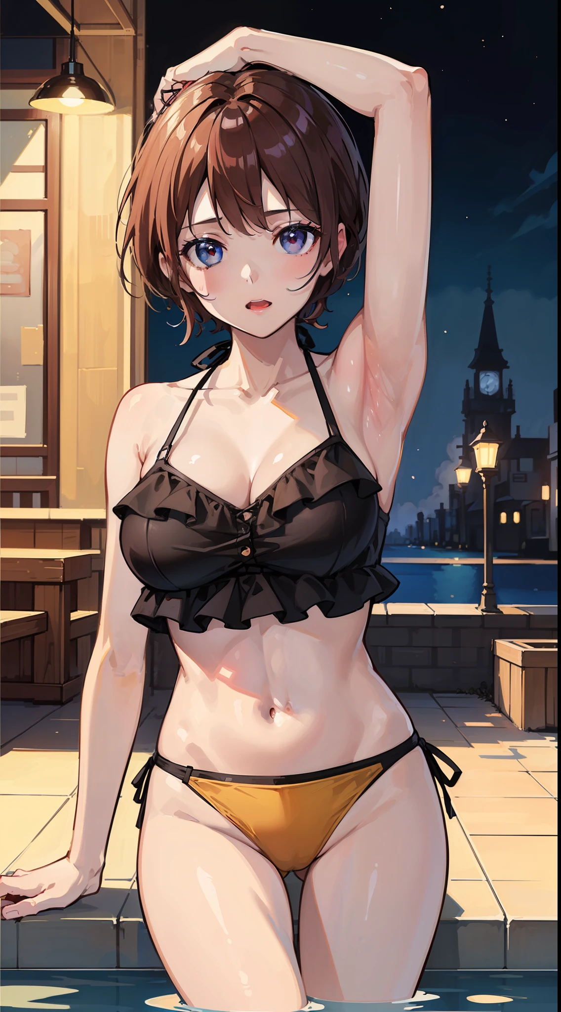 ((top-quality、8k、masterpiece:1.3))、1girl in、The bikini、Night Pool、Cute anime illustration、