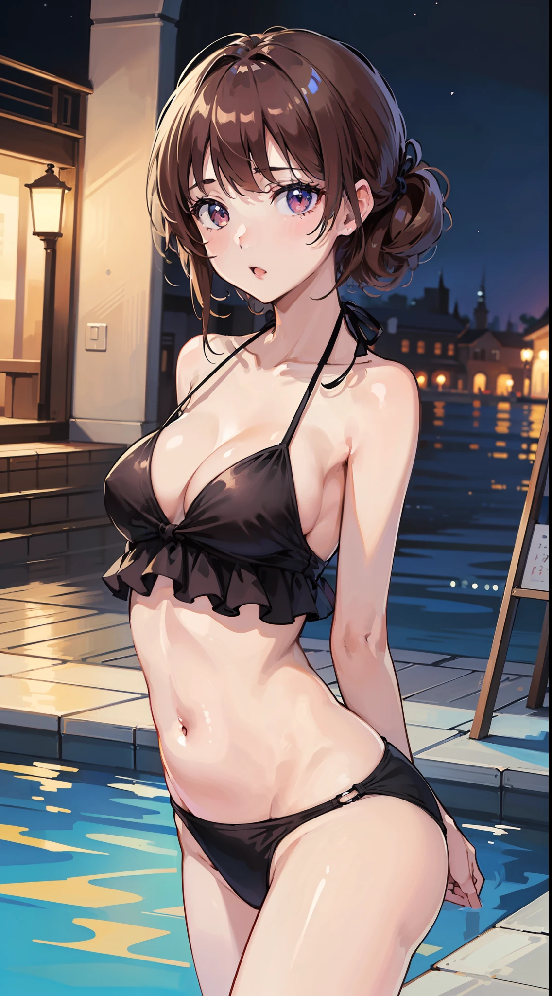((top-quality、8k、masterpiece:1.3))、1girl in、The bikini、Night Pool、Cute anime illustration、