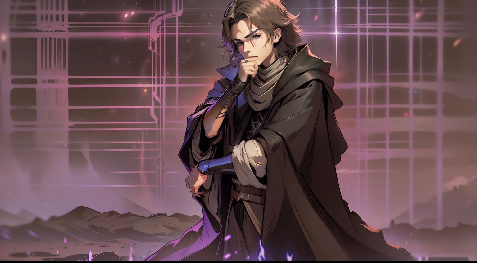 Anakin Skywalker, Sith, Tempos Sith, Anakin Skywalker como Sith do mal, Villanious, FALLEN ANGEL, aliem Cinza, alien, FALLEN ANGEL, Cara bonito na foto de Demon Slayer, Anakin Skywalker with his hand on his chin thinking, godrays obscuro, cosmic heaven