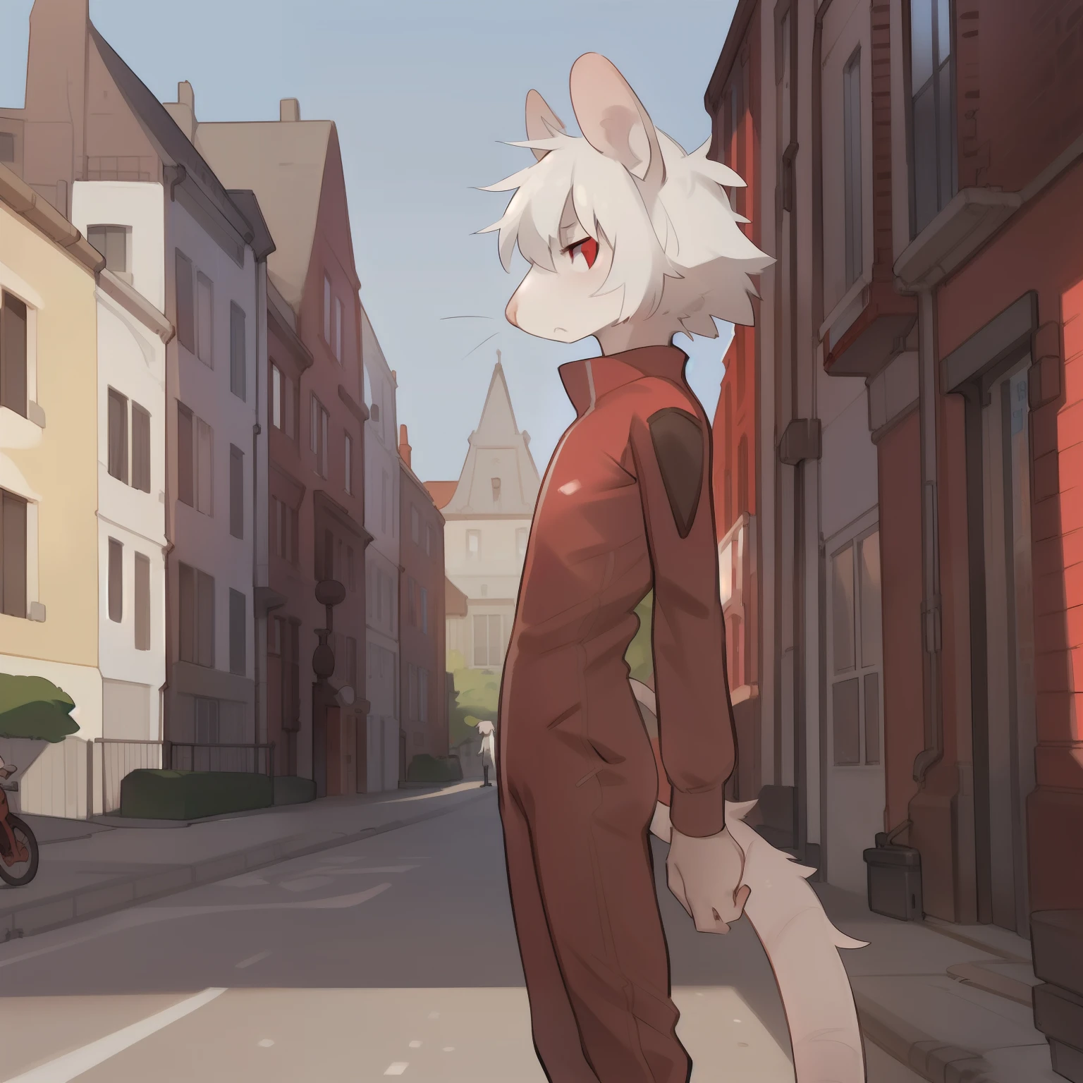 Solo, male, standing, short, small, tiny, miniscule, weak, pathetic, slim, skinny, skrunkly, messy hair, albino rat, red eyes, short white hair, street, by bebebebebe, by spuydjeks, (((by schmutzo))), red spacesuit