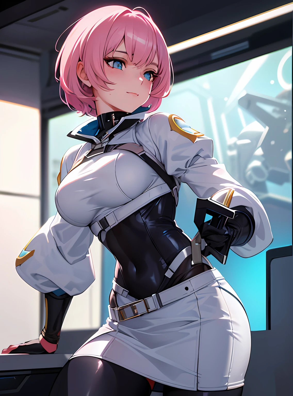 SFW (masterpiece, best quality,4k) a youthful adult woman with short pastel pink hair (short hair, loose, straight bob, long bangs), turquoise eyes, (sexy face), porcelain skin, aboard a spaceship, space, stars, futuristic clothes, (tight bodysuit under clothes, black bodysuit, full bodysuit), (cropped jacket, white jacket, big sleeves, large sleevels, puffy sleeves), (miniskirt, tight miniskirt, white miniskirt), (belts, pouches, harness), operative, rogue, mage, ((large breasts, round breasts, pushup)), ((slim)), small smile, head-to-waist portrait, cinematics, color oil painting, cinematic lighting, extremely detailed face, finely detailed face, beautiful face, beautiful eyes, perfect lighting, depth of field, (realistic proportions), (good anatomy), (solo), (1girl)