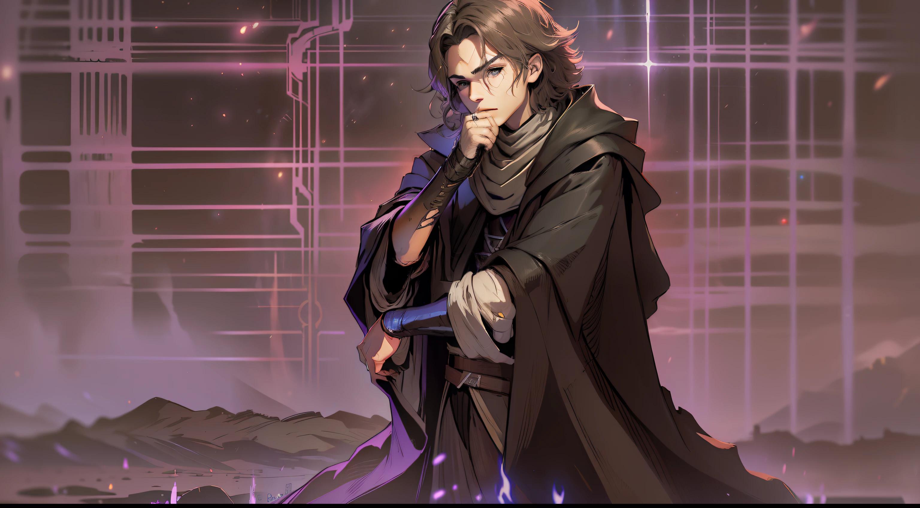 Anakin Skywalker, Sith, Tempos Sith, Anakin Skywalker como Sith do mal, Villanious, FALLEN ANGEL, aliem Cinza, alien, FALLEN ANGEL, Cara bonito na foto de Demon Slayer, Anakin Skywalker with his hand on his chin thinking, godrays obscuro, cosmic heaven