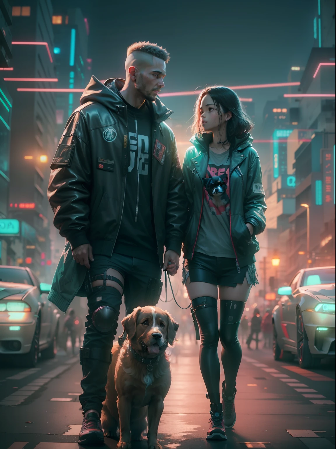 18 years cute lovers with their pet dog and a cyberpunk background, ultra HD,4k image,8k wallpaper