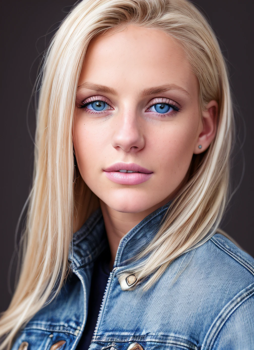 Portrait of skswoman, hopeful, wearing jeans jacket, soft light blue eyes, with blond hair, background dungeon epic (photo, studio lighting, looking at the camera, centered, dslr, Sony a7, 50 mm, matte skin, detailed glossy eyes, high detailed skin, pores, colors, hyperdetailed, hyperrealistic, high resolution scan, fine details)