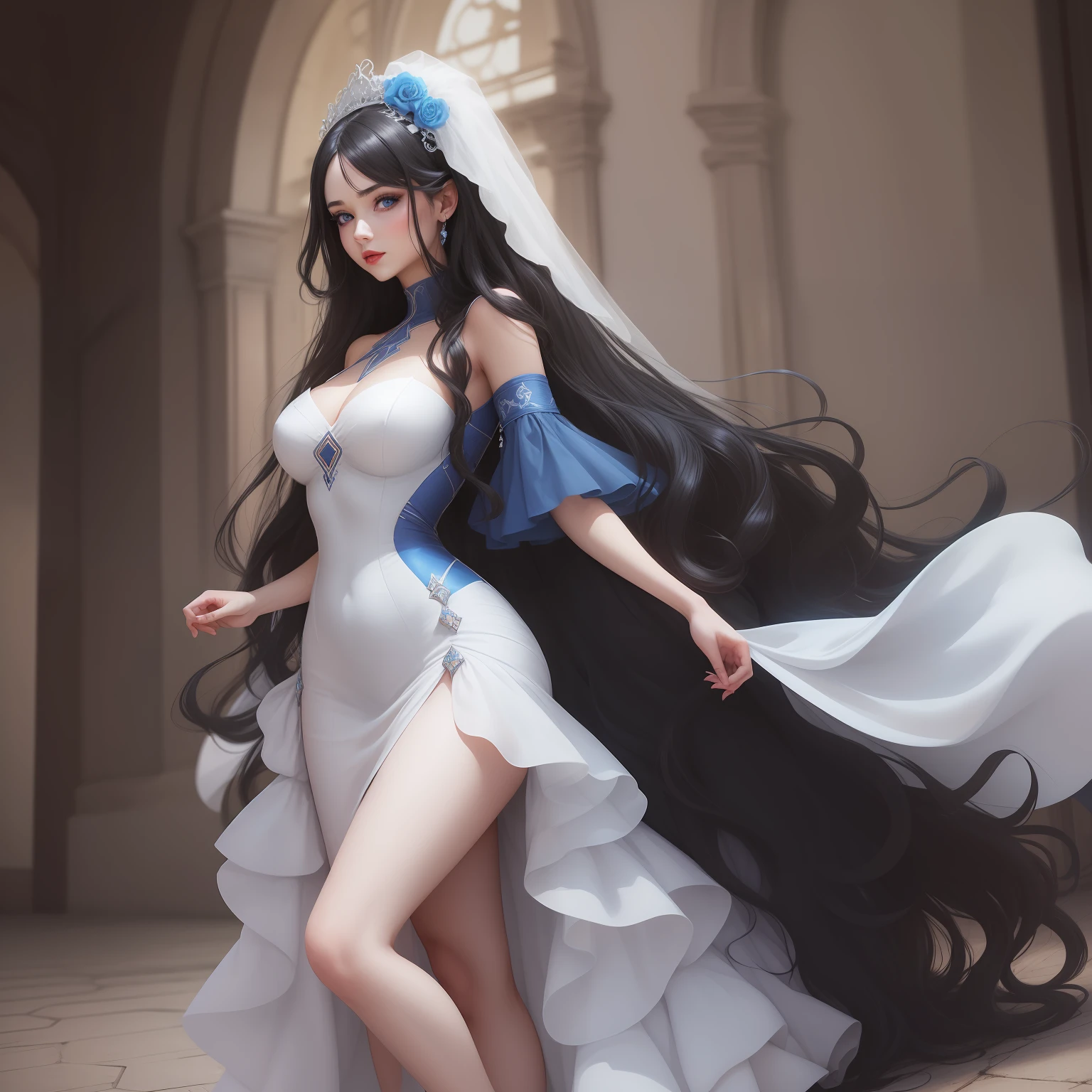 Woman, electric blue eyes, light red lips, wedding, black hair, long wavy hair, long white dress, full body,
