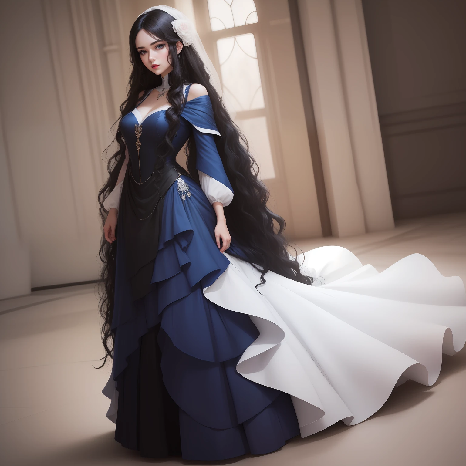 Woman, electric blue eyes, light red lips, wedding, black hair, long fully wavy hair, long white dress, full body,