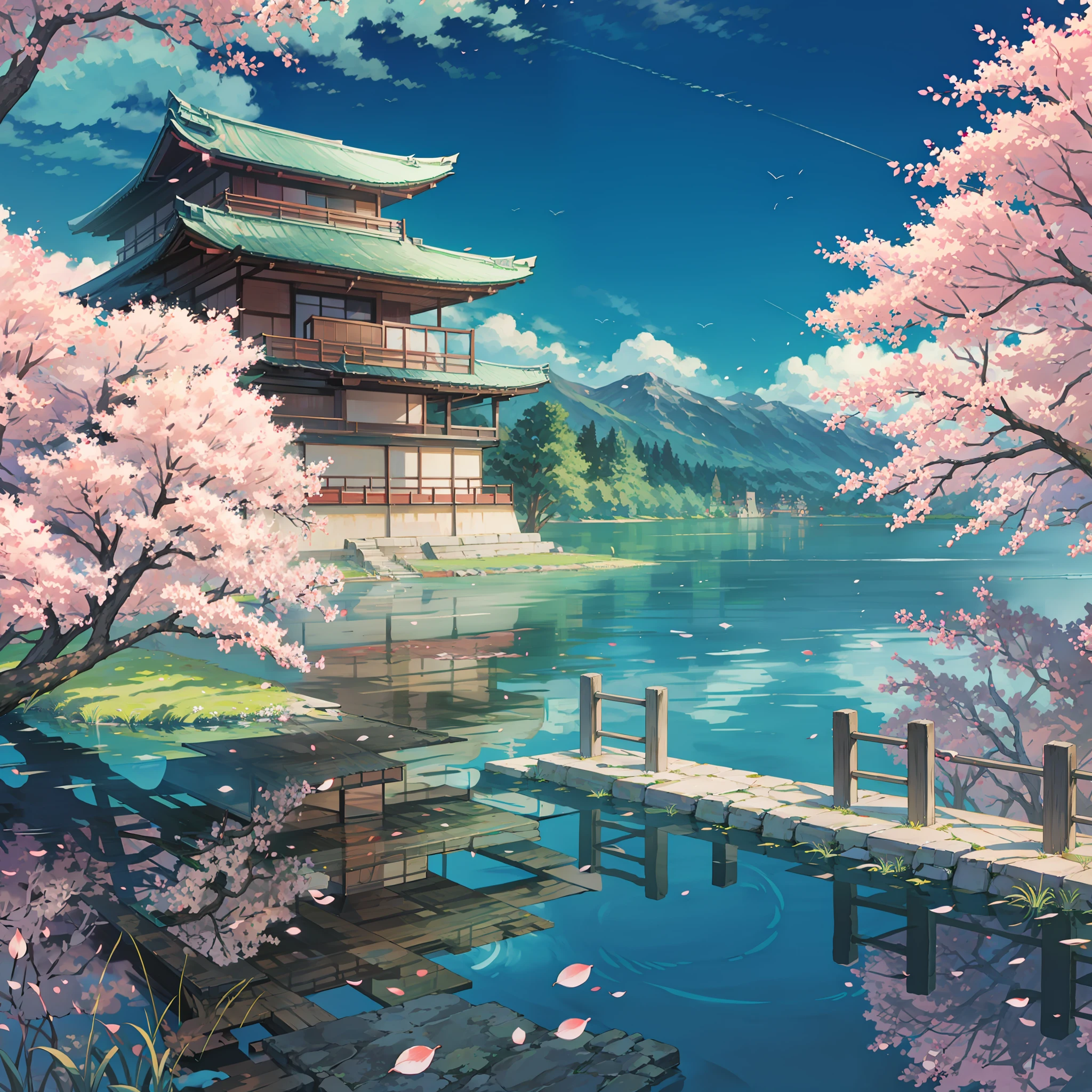 Japanese castle with lake, cherry tree,luar refletindo no lago