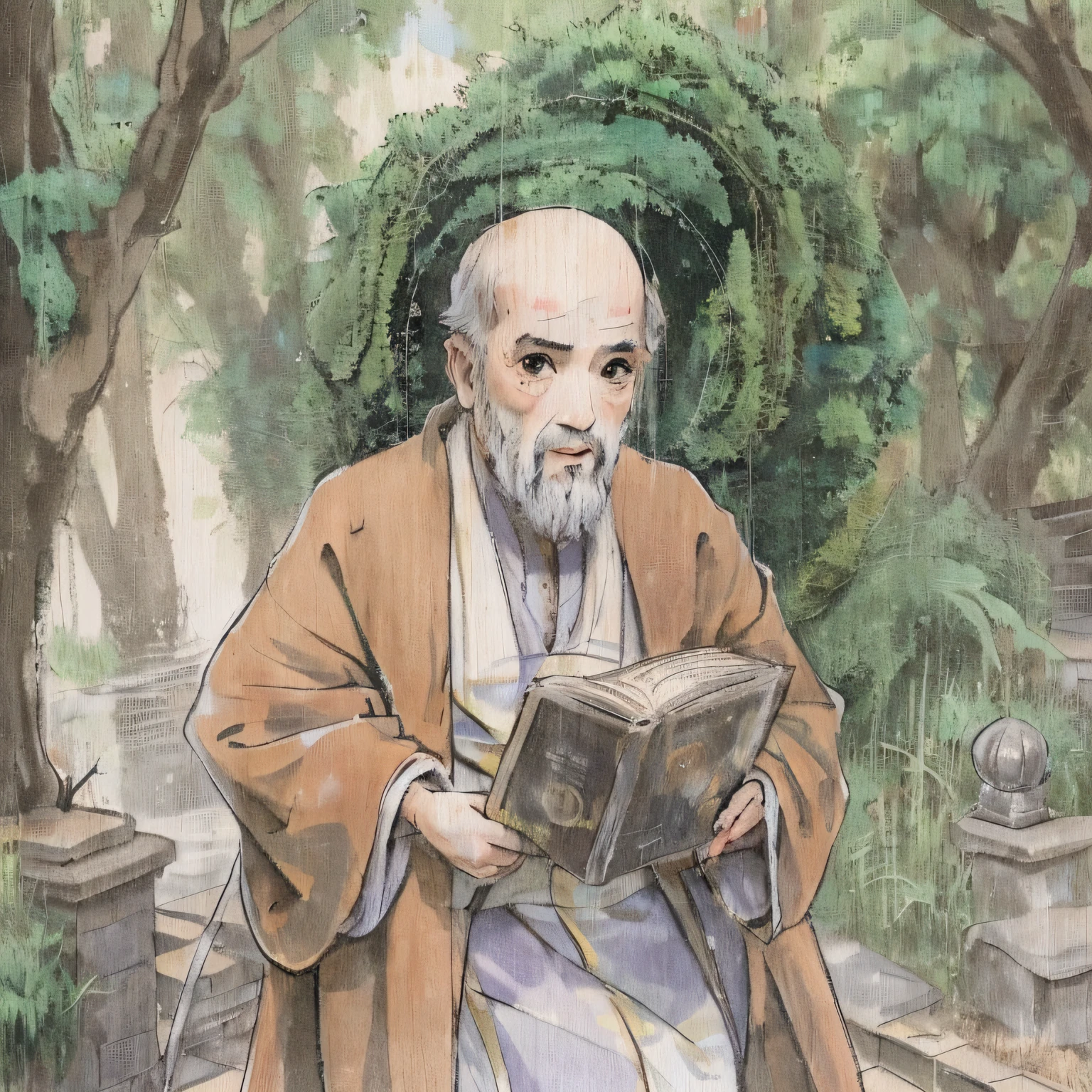 The pope monk of Bodhidharma coming to pick him up from kindergarten reading a book