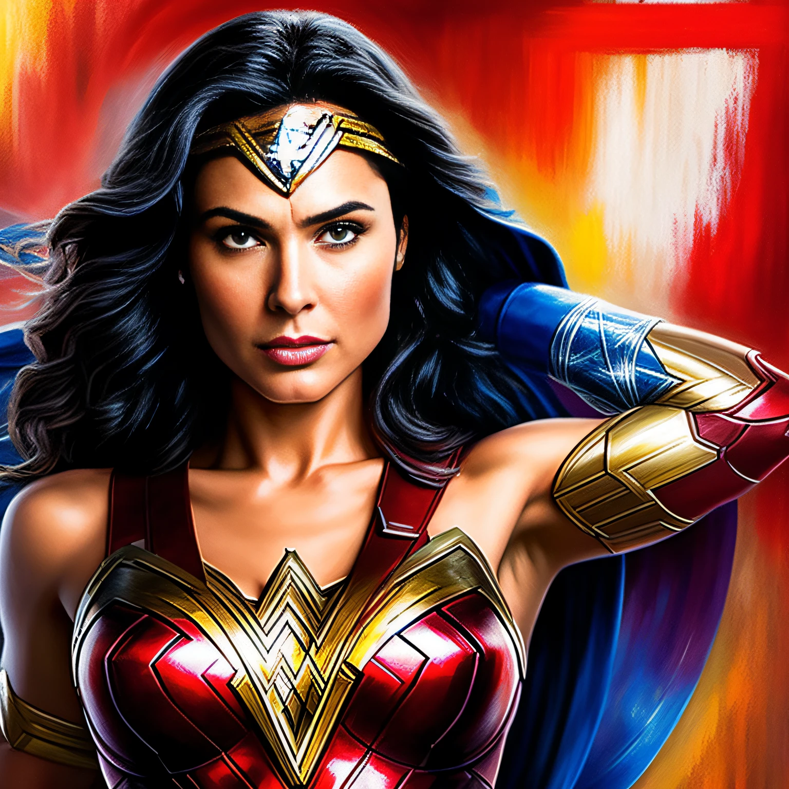 Only Wonder Woman alone, Iron Man and Captain America. estilo de pintura: "impressionismo", com cores vibrantes bem definidas em 8K. Paint in such a way that the characters are easily recognizable and reveal the perfection of the characters' facial expressions.