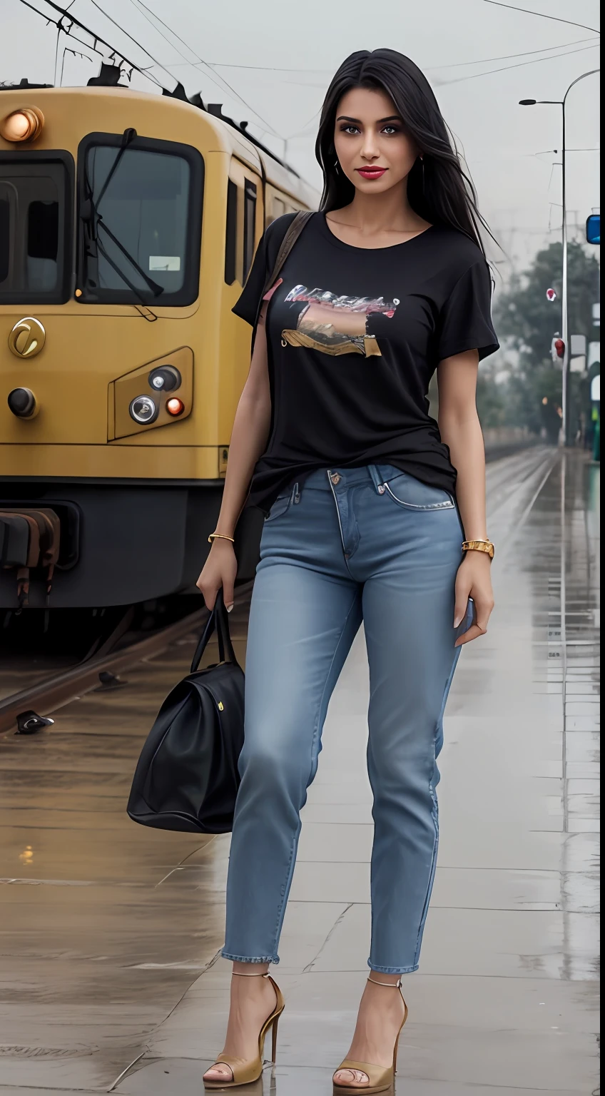 ((Best Quality, 8k, Masterpiece:1.3)), Focus: 1.2, Perfect Body Beauty: 1.4, front looking 1.2, (long black weavy hairstyle)), (black round neck plain Baggy Tee-shirt, baggy style:1.1) , (rainy weather, Street:1.3), Baggy fitting jeans , full length blue baggy jeans: 1.1, Highly detailed face and skin texture, Detailed eyes, Double eyelids, toned body, Whitened skin, smile, black straight hair's, high heels, firm breasts, firm thiges, looking at camera, fashion shoot style, full body length tee-shirt, Short sleeves, high heels, big earrings, hand bangle's and golden watch. Carrying brown hand bag, light lipstick, lose baggy Teeshirt , standing at railway station Lahore, Pakistani green train in background, Lahore railway platform, raining, dark cloud's, Pakistani people in surrounded, rainy atmosphere, walking style