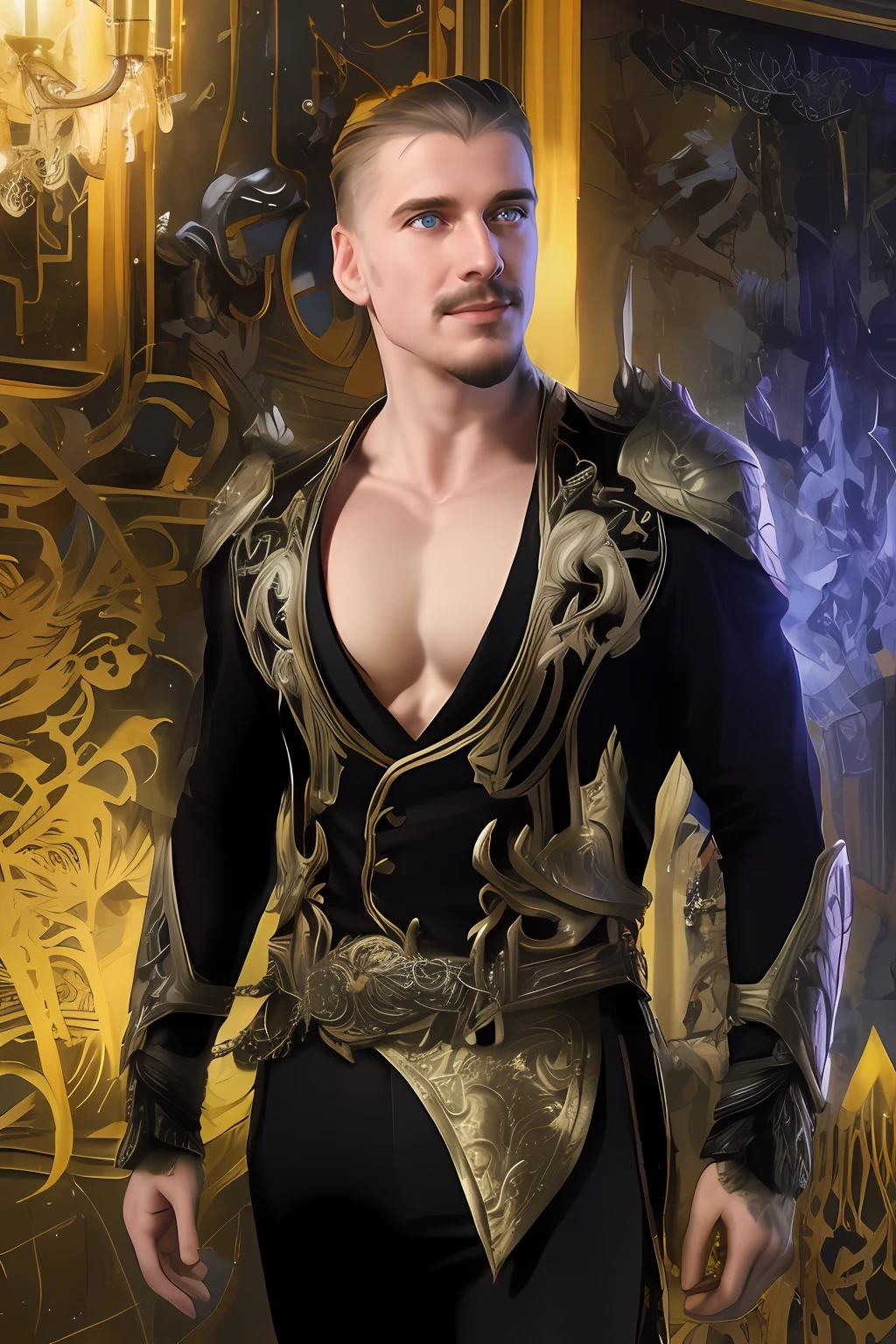 Handsome man without shirt, (IGPPV01:1.8), Ian Miller Painting by Johannes Vermeid 4K ArtStation Conceptual Design Detailed digital illustration trending on ArtStation ornate frame and decorations wide-angle lens flare super focused extreme depth of field hd 8K post-processing of very complex details elegant style of romanticism Alex Ross Anato FinnStark Craig Mullins H&R giger cinematic lighting bright, Bright