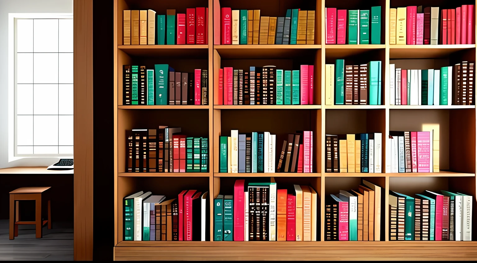 "(excelente qualidade, amazing illustration),estante de livros, *biblioteca, *imagem de frente, *prateleiras de estante de livros ,*de perto
