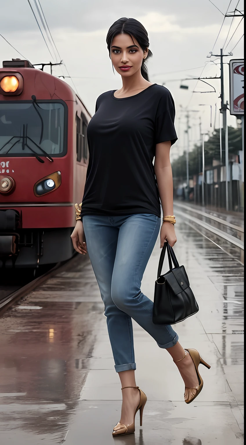 ((Best Quality, 8k, Masterpiece:1.3)), Focus: 1.2, Perfect Body Beauty: 1.4, front looking 1.2, (long black weavy hairstyle)), (black round neck plain Baggy Tee-shirt, baggy style:1.1) , (rainy weather, Street:1.3), Baggy fitting jeans , full length blue baggy jeans: 1.1, Highly detailed face and skin texture, Detailed eyes, Double eyelids, toned body, Whitened skin, smile, black straight hair's, high heels, firm breasts, firm thiges, looking at camera, fashion shoot style, full body length tee-shirt, Short sleeves, high heels, big earrings, hand bangle's and golden watch. Carrying brown hand bag, light lipstick, lose baggy Teeshirt , standing at railway station Lahore, Pakistani green train in background, Lahore railway platform, raining, dark cloud's, Pakistani people in surrounded, rainy atmosphere, walking style