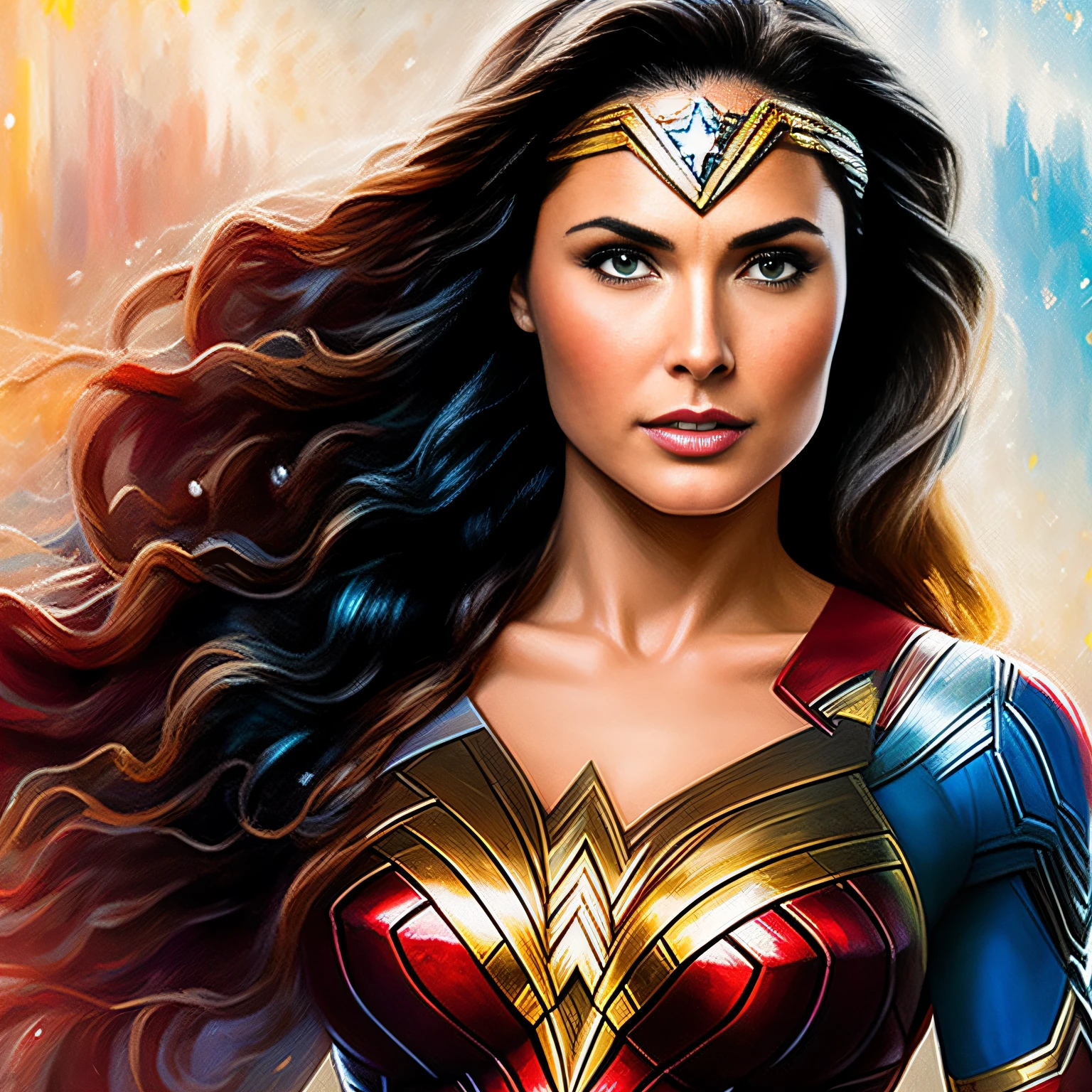 Only Wonder Woman alone, Iron Man and Captain America. estilo de pintura: "impressionismo", com cores vibrantes bem definidas em 8K. Paint in such a way that the characters are easily recognizable and reveal the perfection of the characters' facial expressions.
