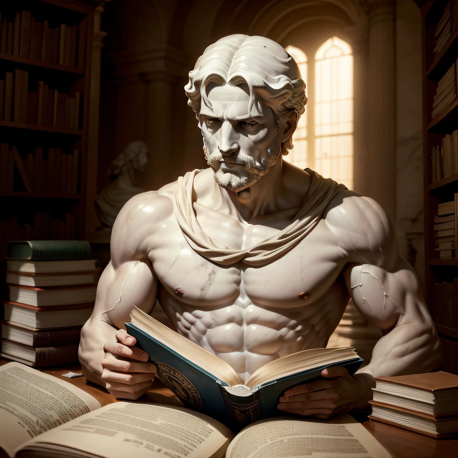 marble sculpture of the face of a Greek god ((wise, careca, lendo um livro)) in a destroyed place, cinematografia, Epic light and shadow, muito contraste, fotografia profissional