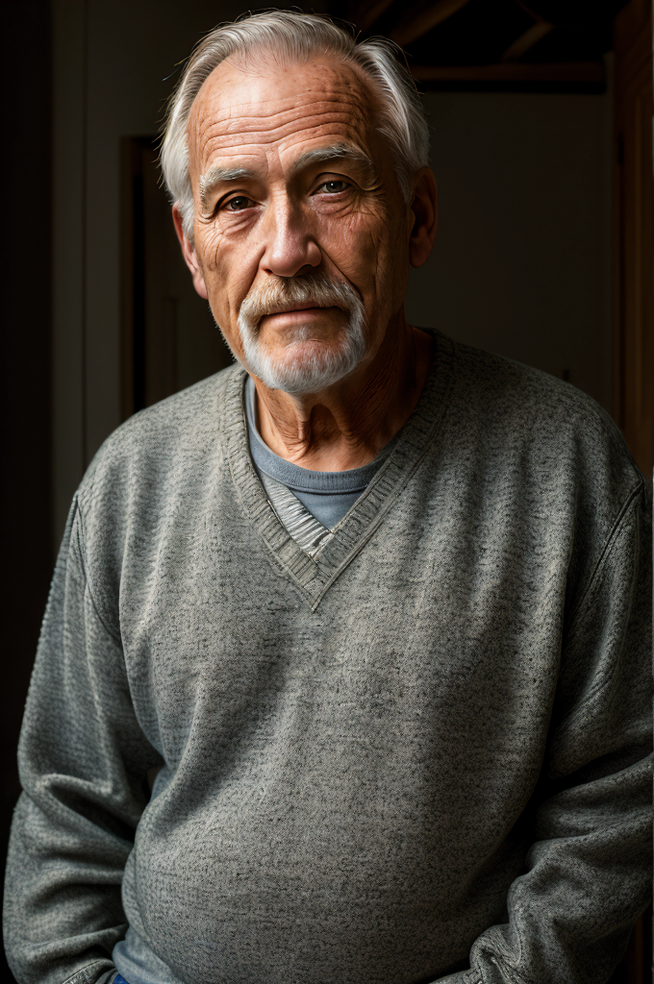 (masterpiece, photorealistic, raw,:1.4), (extremely intricate:1.2), close up, cinematic light, sidelighting, ultra high res, best shadow, RAW, upper body, old man, wearing pullover,