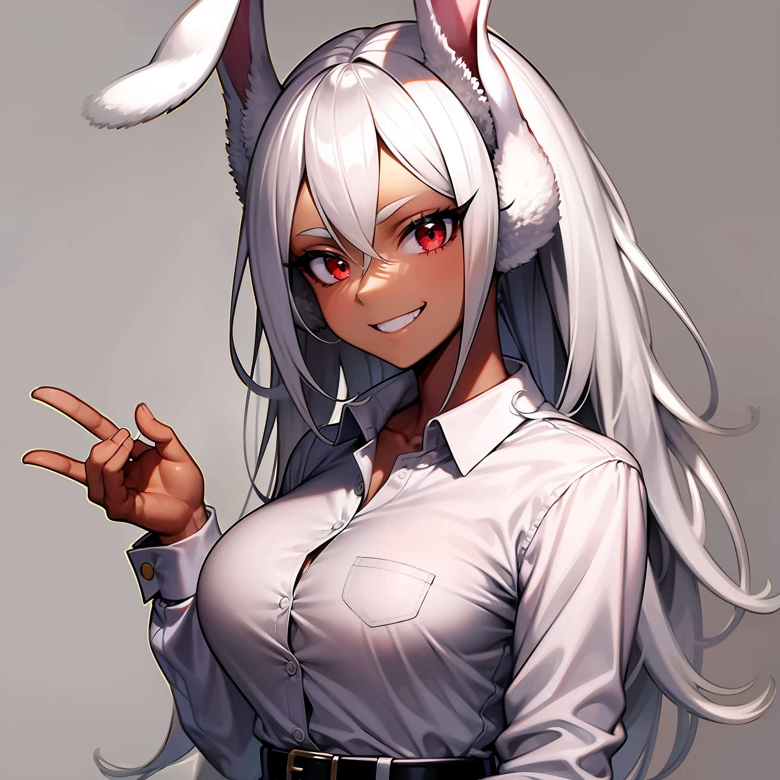 mirko mha, 1girl,solo,dark-skinned female, dark skin, large breasts, white shirt, belt , collarbone, collared shirt, formal, shirt tucked in, black pant,looking at viewer, white background, rabbit ears, rabbit girl, white hair, long hair, muscular female, red eyes, smile, happy