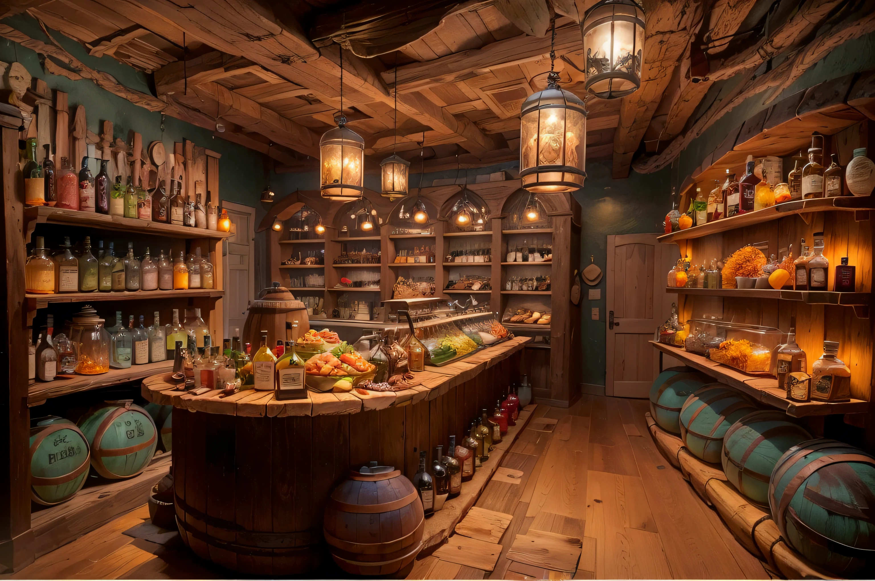 Sabores Exóticos has a cozy atmosphere, with carved wooden shelves displaying jars of colorful spices and aromatic herbs. A large food preparation area is in the center, with Ceres and his team working on special dishes and potions. A reserved section is dedicated to drinks, with ornate barrels and shelves filled with exotic bottles.