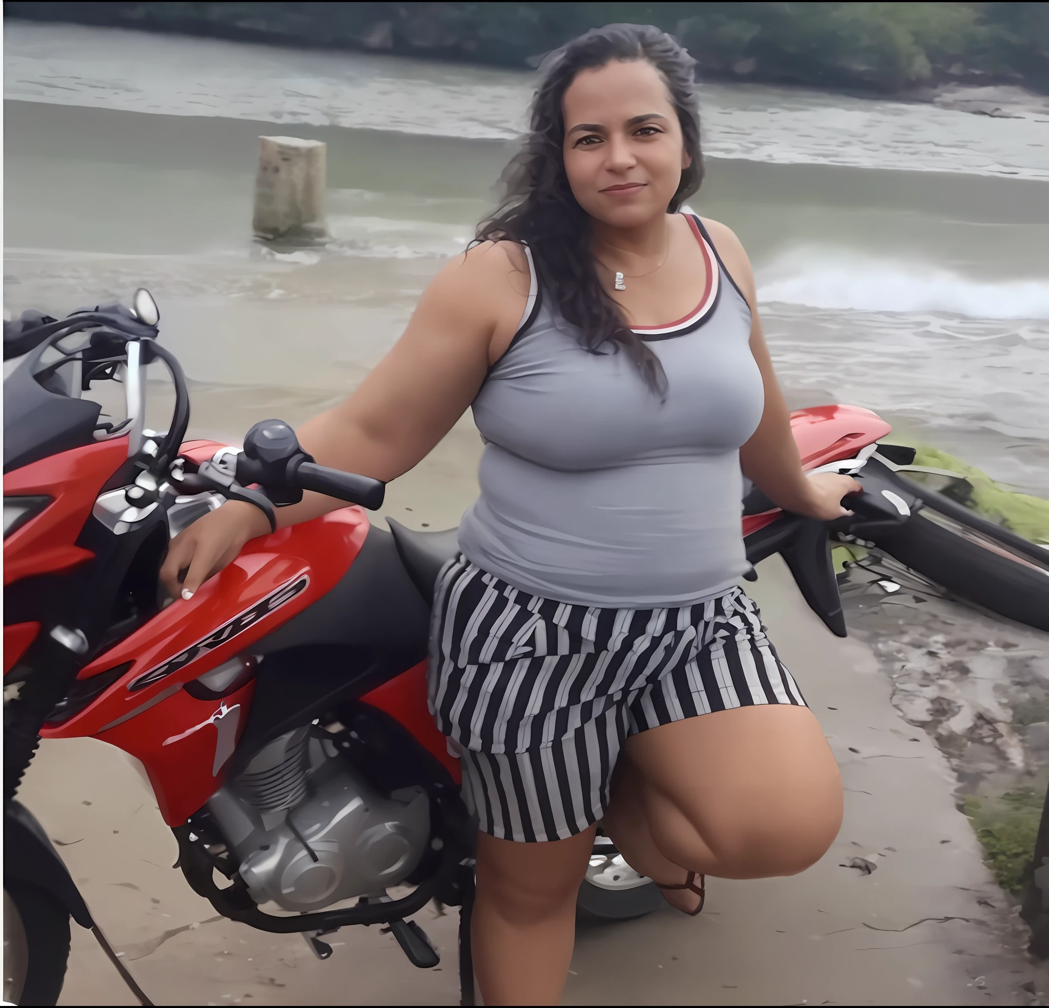 Woman posing with a red motorcycle on a beach near a body of water, Mulher de 30 anos de Cuba, Parece Fabiula Nascimento, 3 5 year brazilian mother, foto de baixa qualidade, andar de moto, Mulher de 30 anos, 3 0 anos de idade mulher, 3 0 anos mulher, Malika Favre, sentado em uma motocicleta