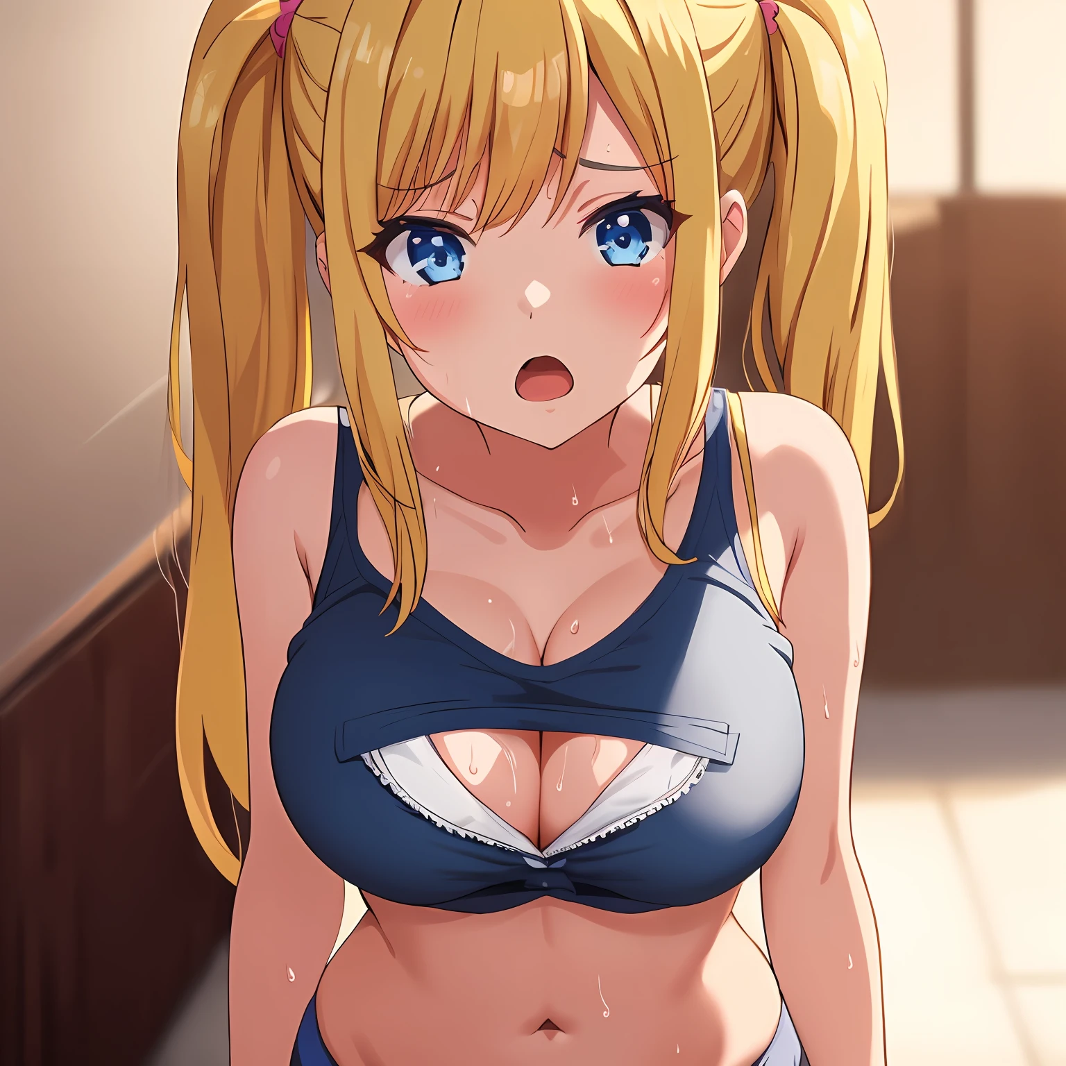 1girl, big breasts, blonde hair, pigtails, details, masterpiece, shadows on skin, soft light, small details on hair, open mouth, rounded breasts, cleavage, blue eyes, navel, wet, thick hips, long hair, scared, school teen