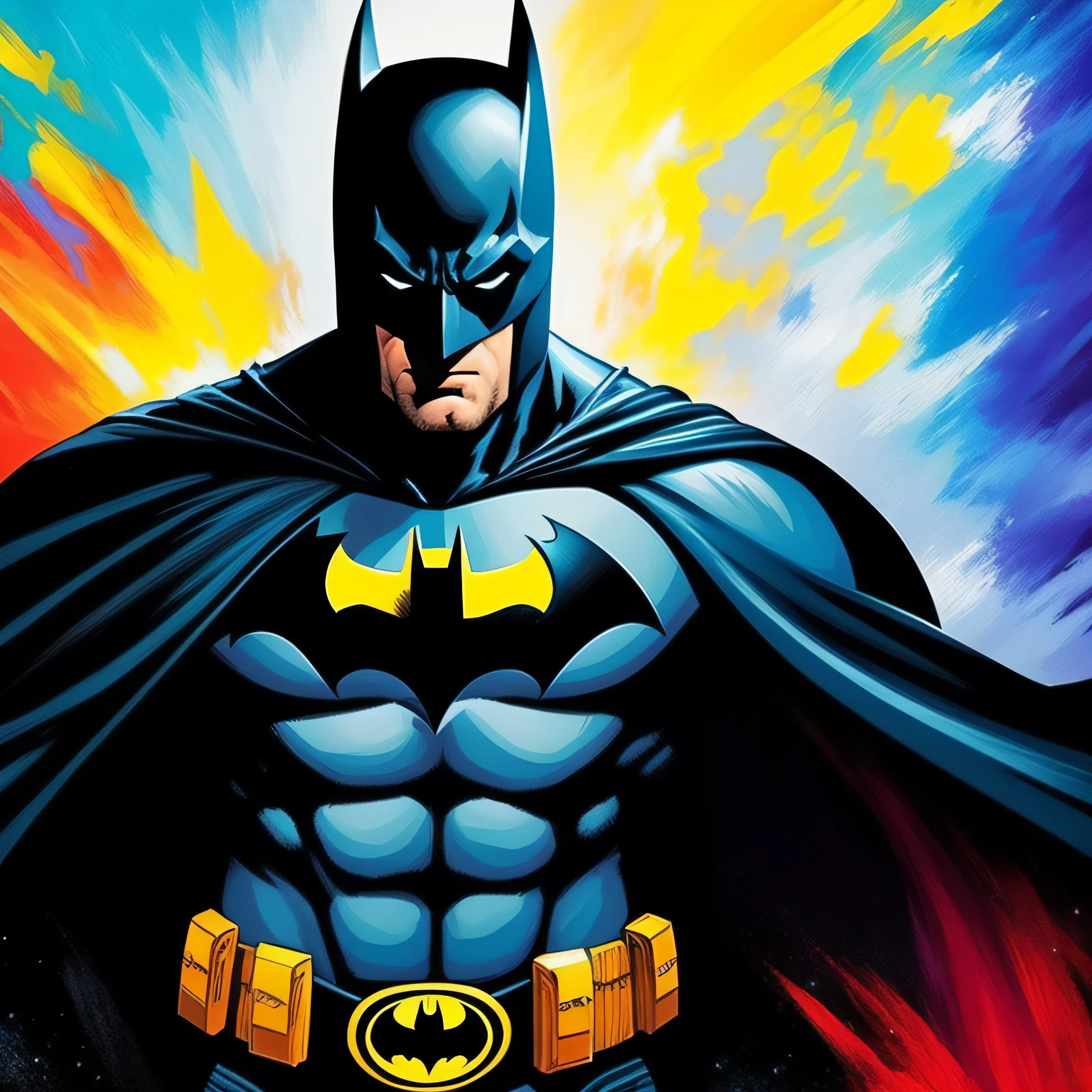 Batman. Pintura estilo: "impressionismo", com cores vibrantes bem definidas em 8K. Paint in such a way that the characters are easily recognizable and reveal the perfection of the characters' facial expressions.