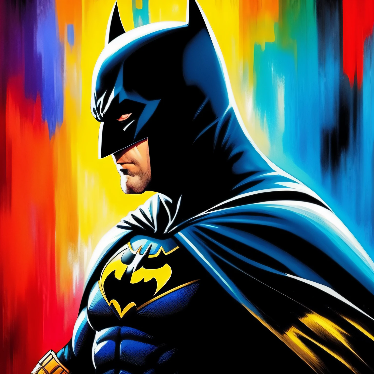Batman. Pintura estilo: "impressionismo", com cores vibrantes bem definidas em 8K. Paint in such a way that the characters are easily recognizable and reveal the perfection of the characters' facial expressions.