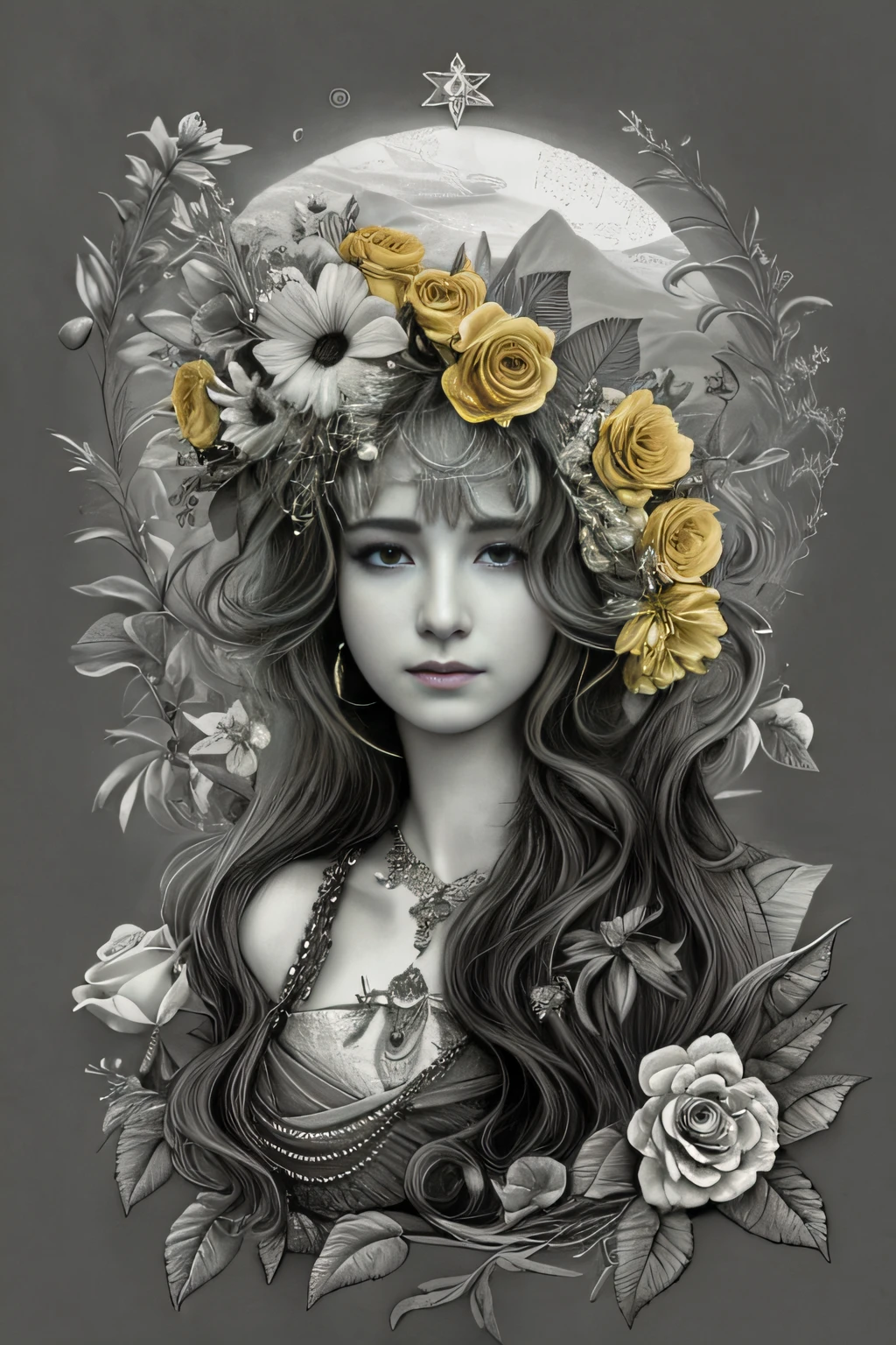um desenho de uma mulher com flores no cabelo, deusa. flores vermelhas, Detalhes extremamente altos, Retrato da deusa 3D, deusa flor, Arte digital altamente detalhada em 4k, Retrato da Deusa, retrato bonito da arte da fantasia, linda arte digital linda, lindo arte digital, Arte bonita UHD 4K, Arte digital detalhada em 4k, retrato de fantasia fosco detalhado, Grande arte digital com detalhes
