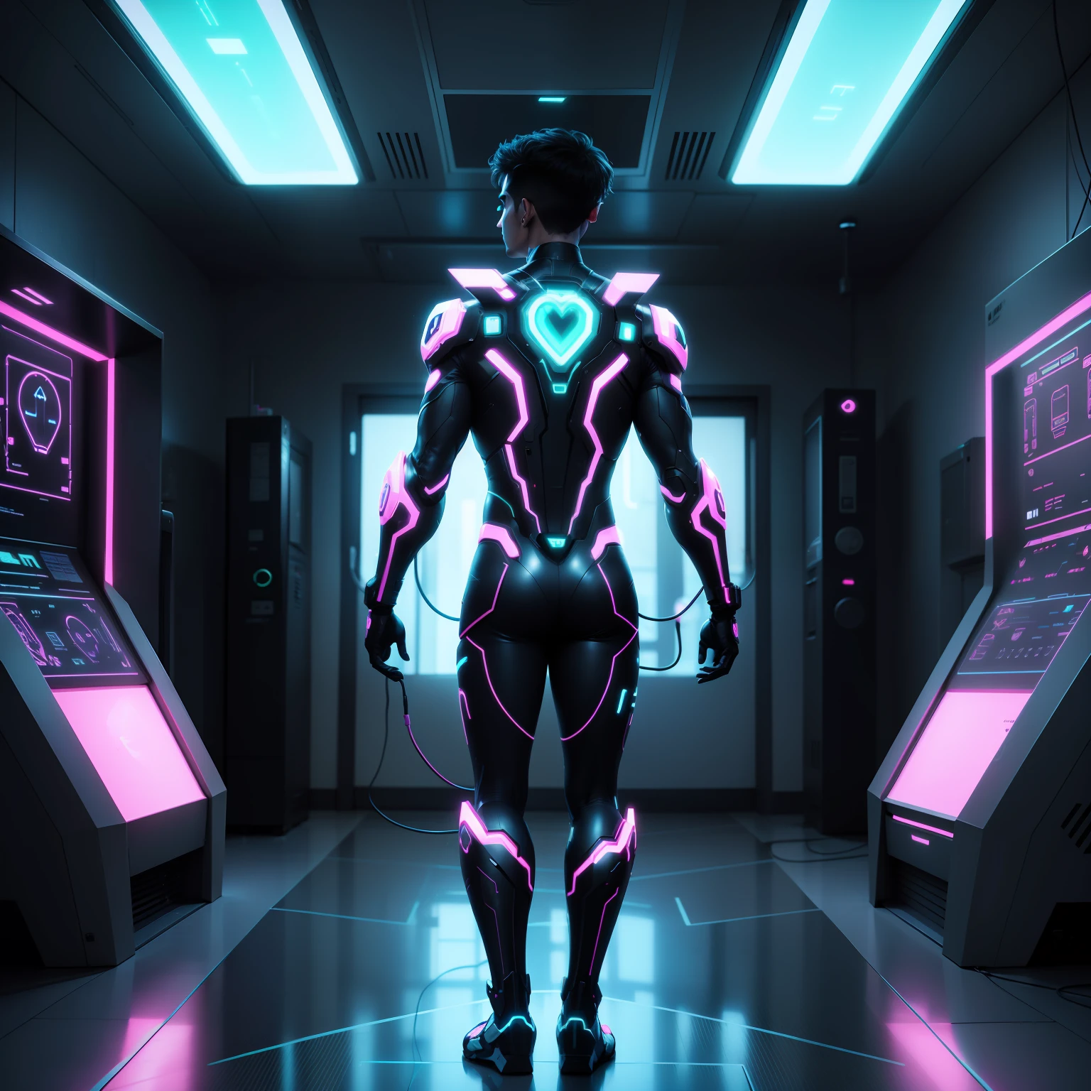 a man standing in a room with a heart shaped object, neon heart reactor, symmetric art, connected to heart machines, neon glow concept art, profile picture 1024px, cybernetic glowing