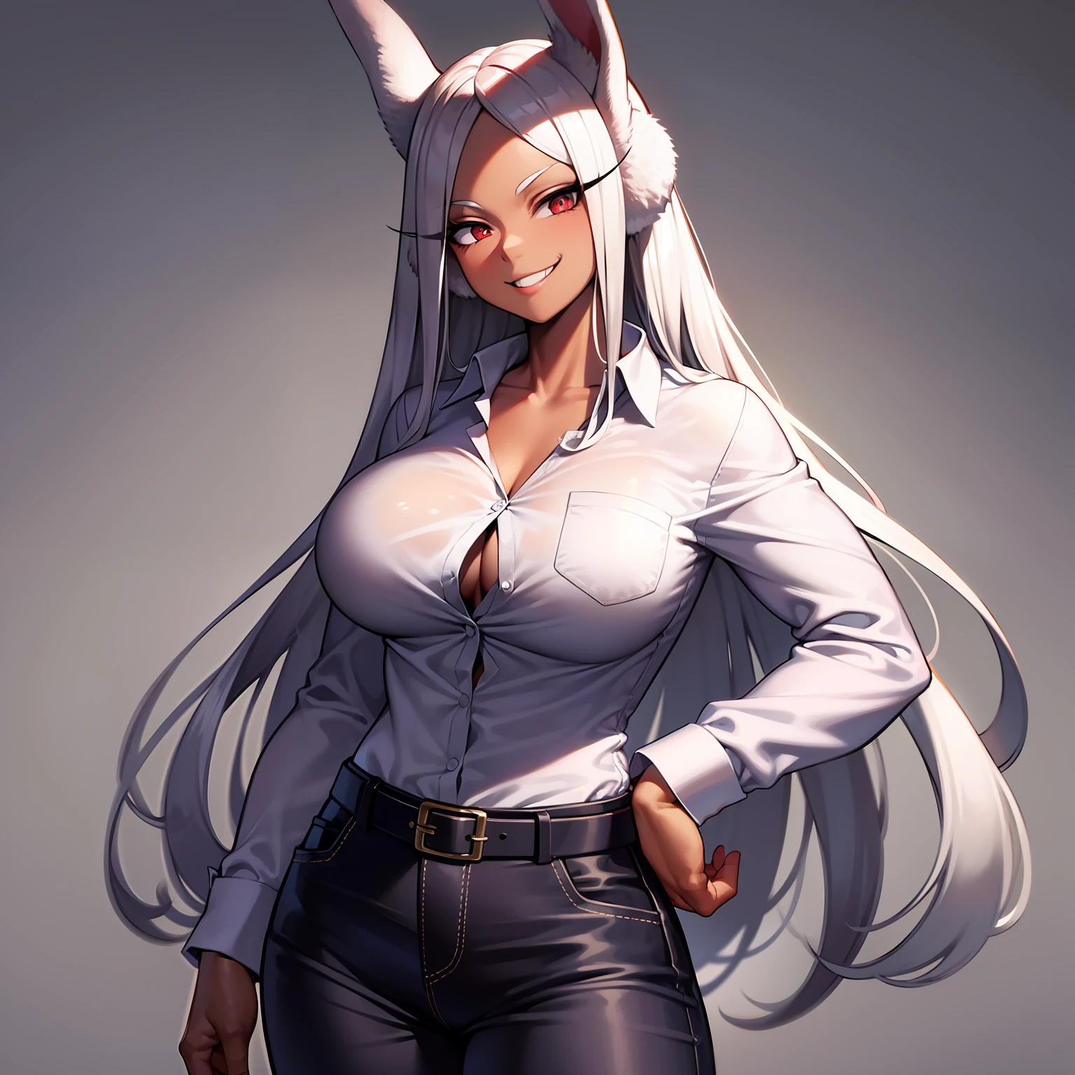 mirko mha, 1girl,solo,dark-skinned female, dark skin, large breasts, white shirt, belt , collarbone, collared shirt, formal, shirt tucked in, black pant,looking at viewer, white background, rabbit ears, rabbit girl, white hair, long hair, muscular female, red eyes, smile, happy