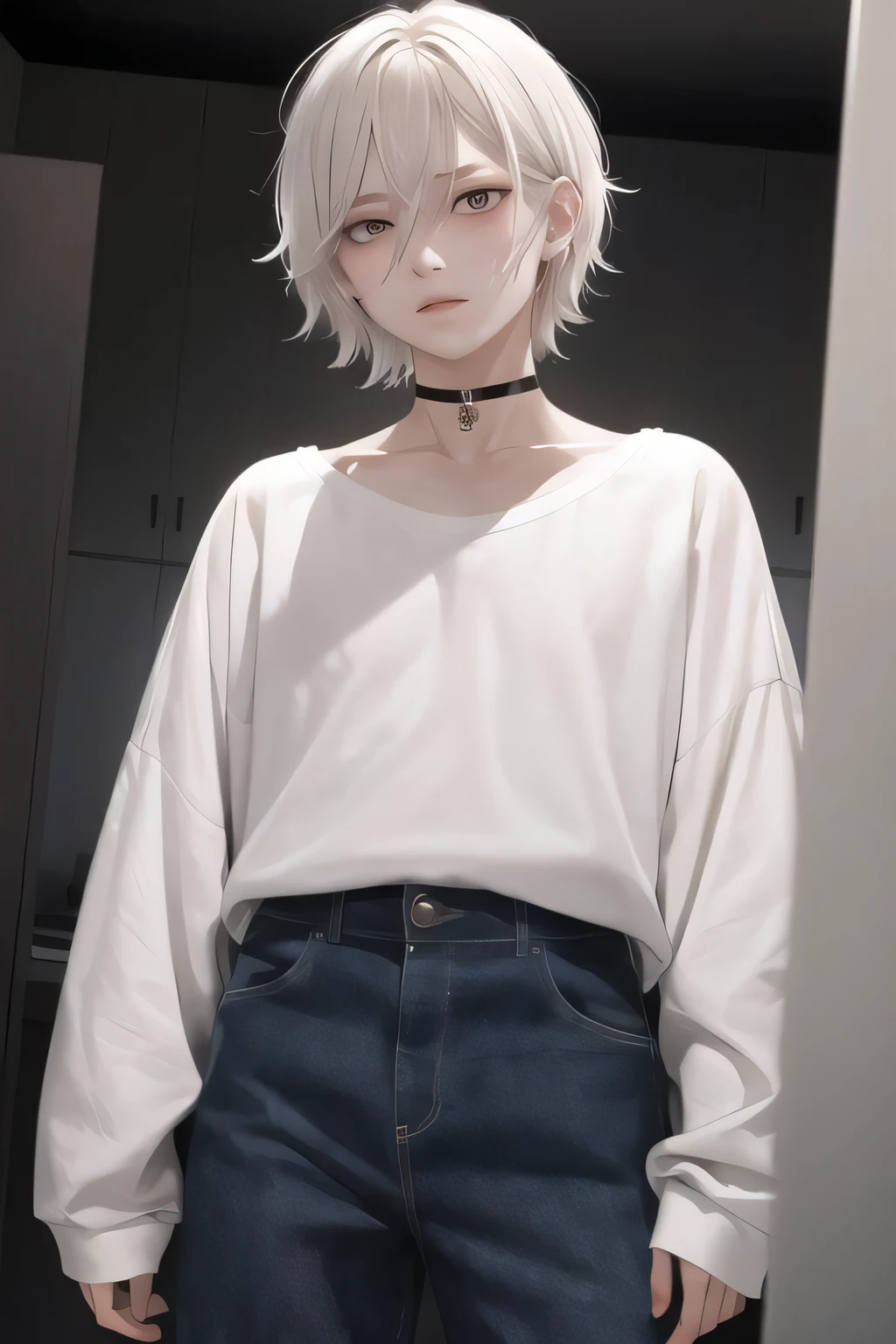 absurdres, masterpiece, full-face blush, glowing eyes, oversized clothes, loose clothes, androgynous, ambiguous gender, solo, collarbone, natural makeup, toned, choker, very short hair, (light smile:0.1), [1boy::0.2], tall, messy hair, white hair
