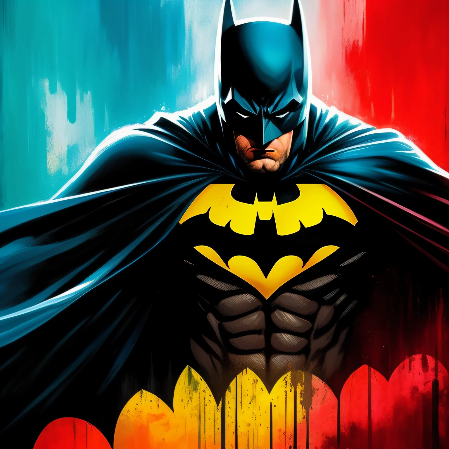 Batman. Pintura estilo: "impressionismo", com cores vibrantes bem definidas em 8K. Paint in such a way that the characters are easily recognizable and reveal the perfection of the characters' facial expressions.