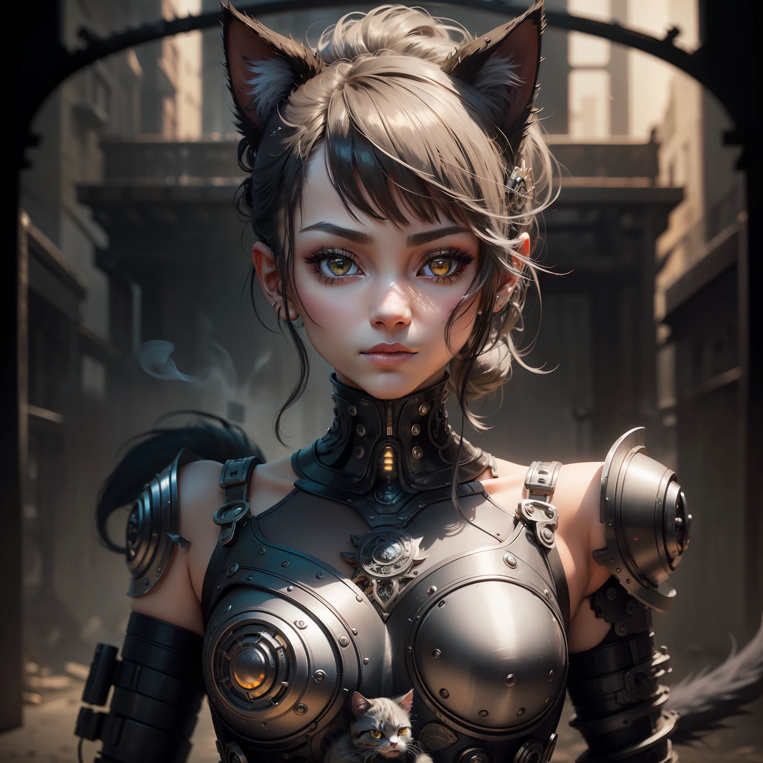 to8contrast style, a cute smoky kitten made out of metal, (cyborg:1.2), ([tail | detailed wire]:1.3), (intricate details), hdr, (intricate details, hyperdetailed:1.2), cinematic shot, vignette, centered, by Stray game, (the most beautiful portrait in the world:1.5)