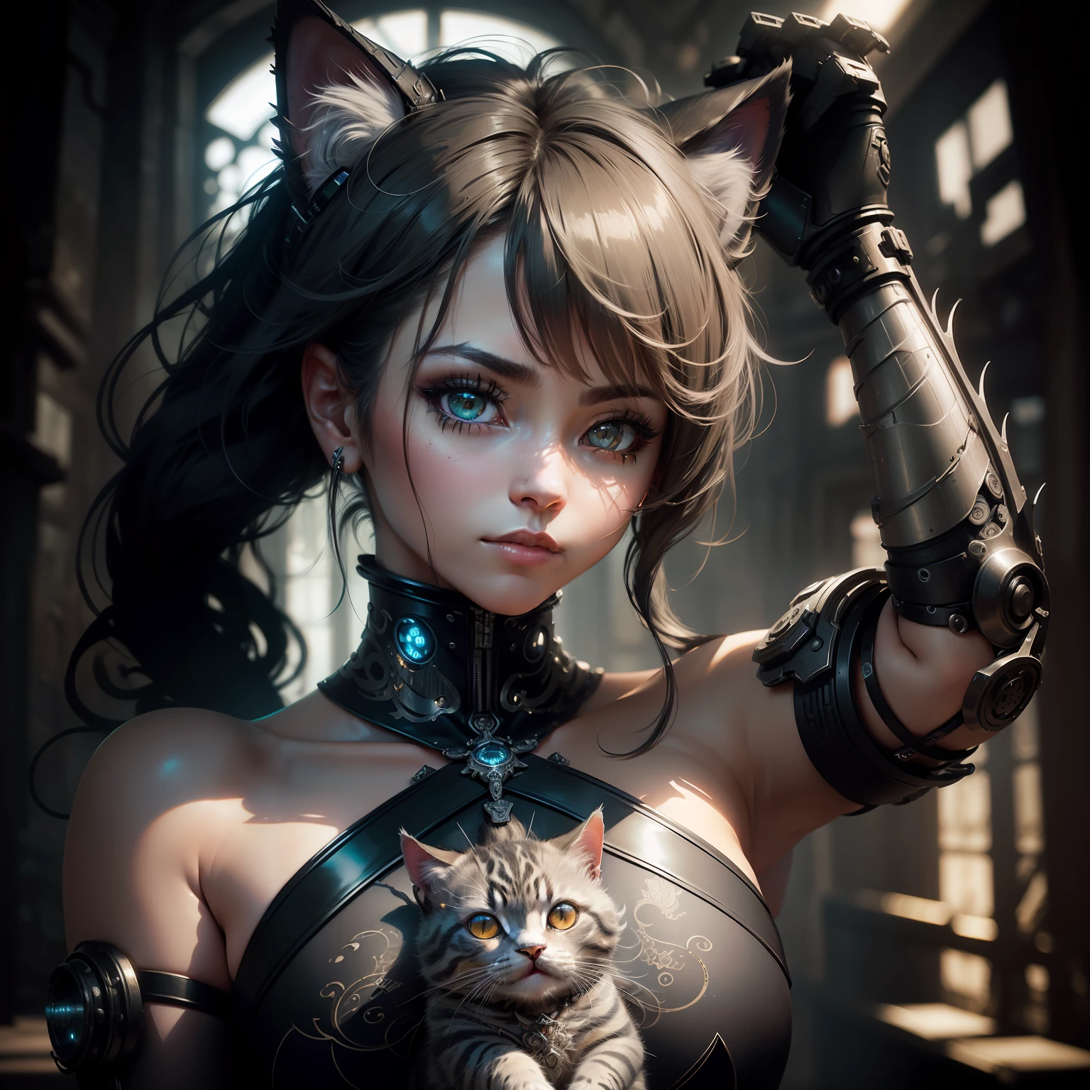 to8contrast style, a cute smoky kitten made out of metal, (cyborg:1.2), ([tail | detailed wire]:1.3), (intricate details), hdr, (intricate details, hyperdetailed:1.2), cinematic shot, vignette, centered, by Stray game, (the most beautiful portrait in the world:1.5)