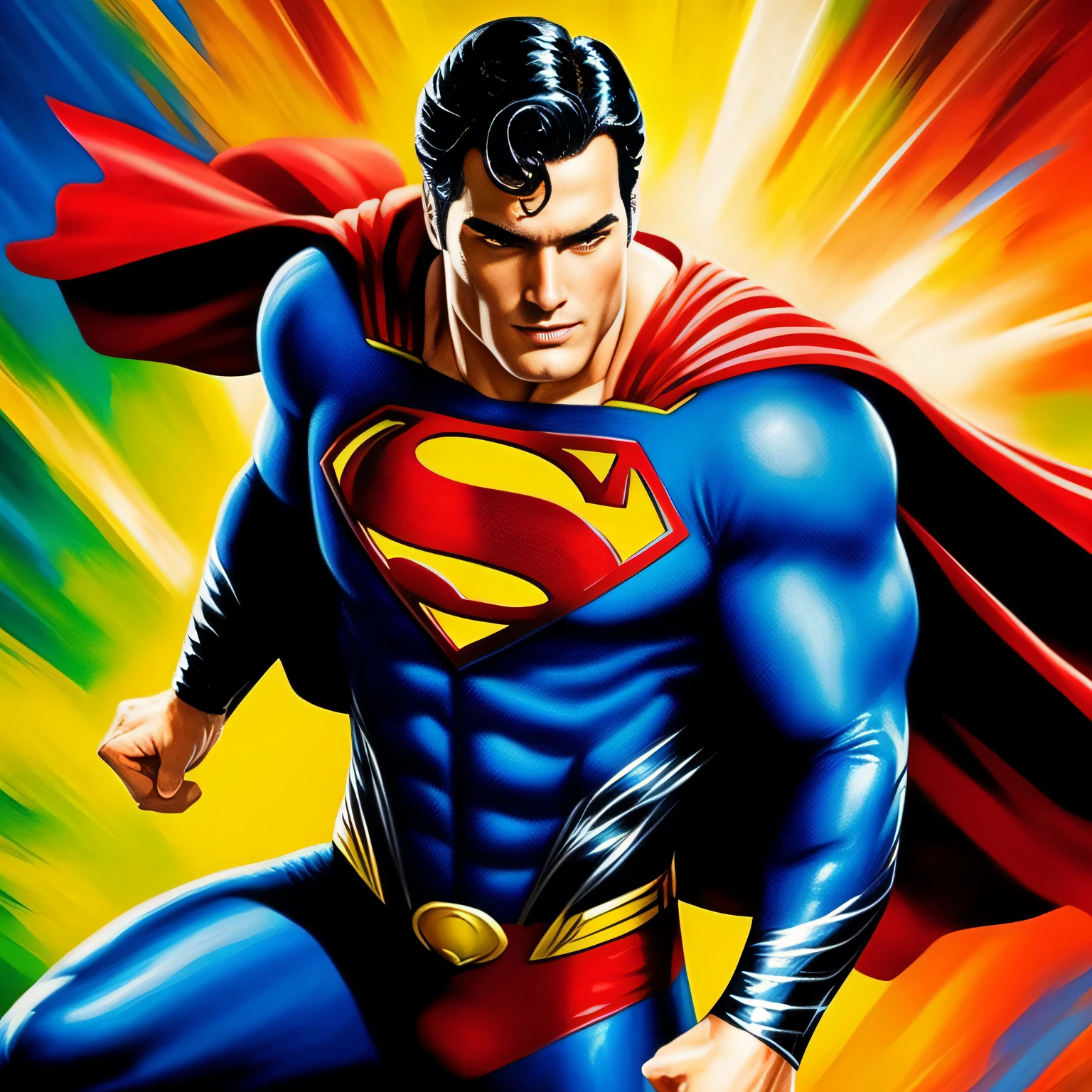 Superman. Pintura estilo: "impressionismo", com cores vibrantes bem definidas em 8K. Paint in such a way that the characters are easily recognizable and reveal the perfection of the characters' facial expressions.